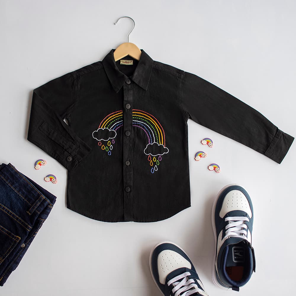Rainbow Embroidered Cotton Shirt – Black Casual Wear