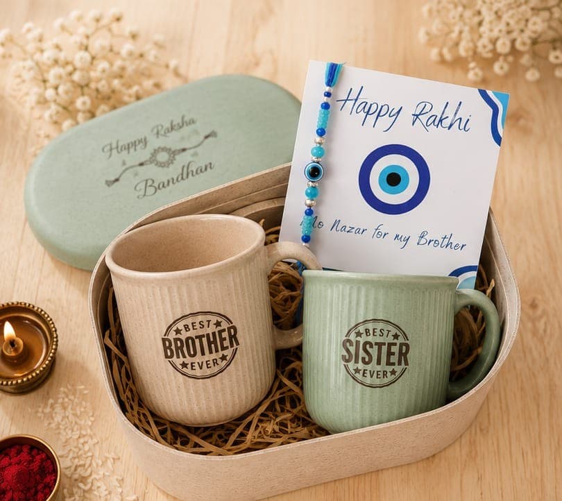 Rakhi Luxe Gift Box | 2 Mugs, Coasters, Bracelet & Evil Eye Rakhi
