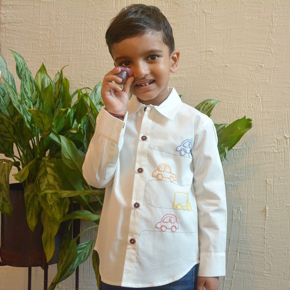 Road Cars Embroidered Cotton Shirt – White Casual Wear