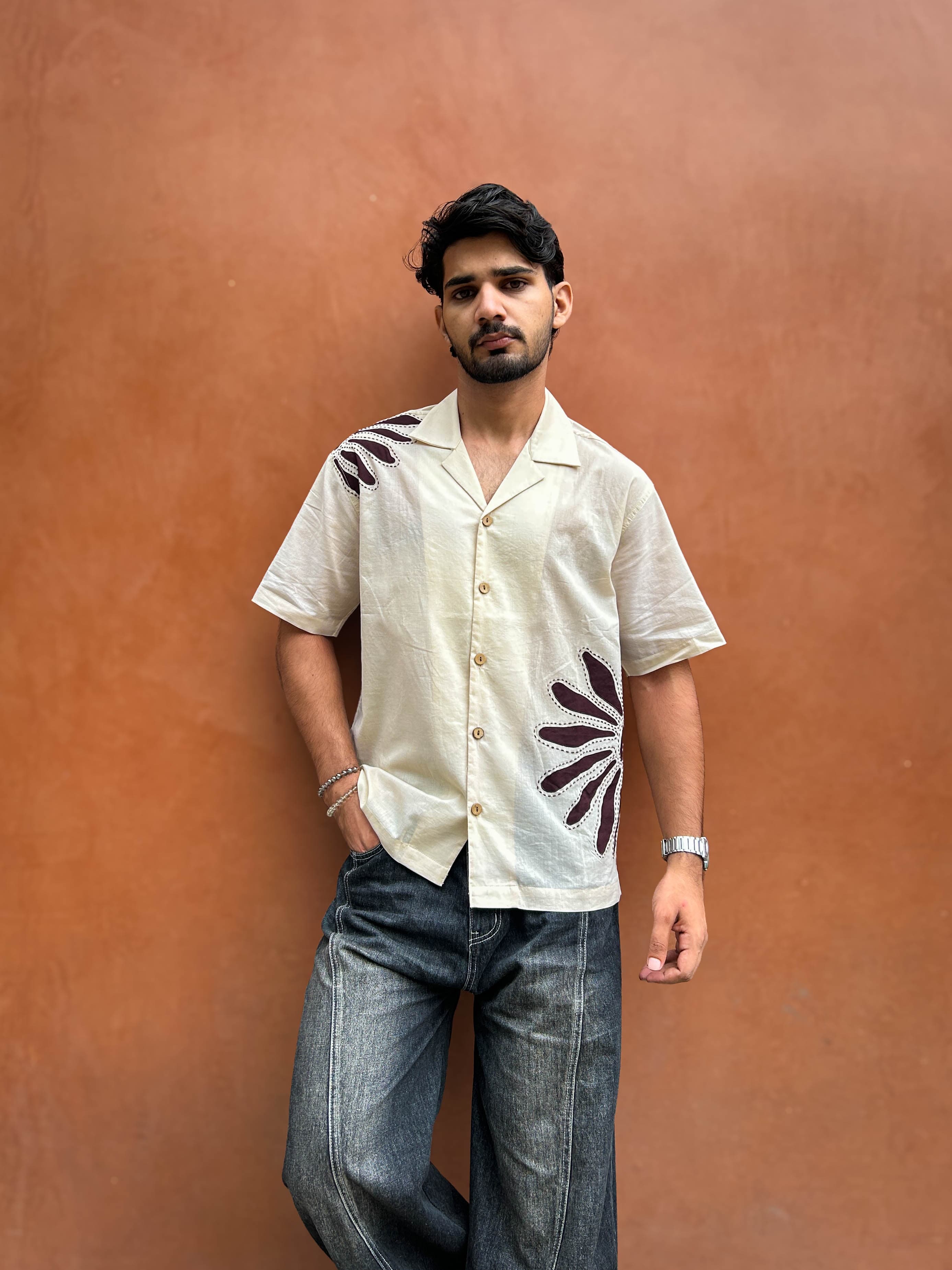 Ooty Cotton Shirt with Handcrafted Floral Appliqué 