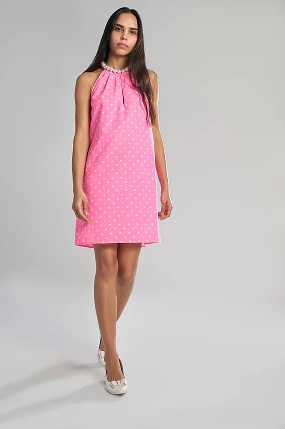 Women's 100% Organic Khadi Cotton Saba Halter Dress – Smart Fit | Lunar Polka Aurora Bubblegum Pink