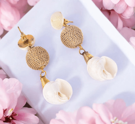 Women's Shell Drop Earrings | Twisted Gold Bead Coastal Chic Jewelry