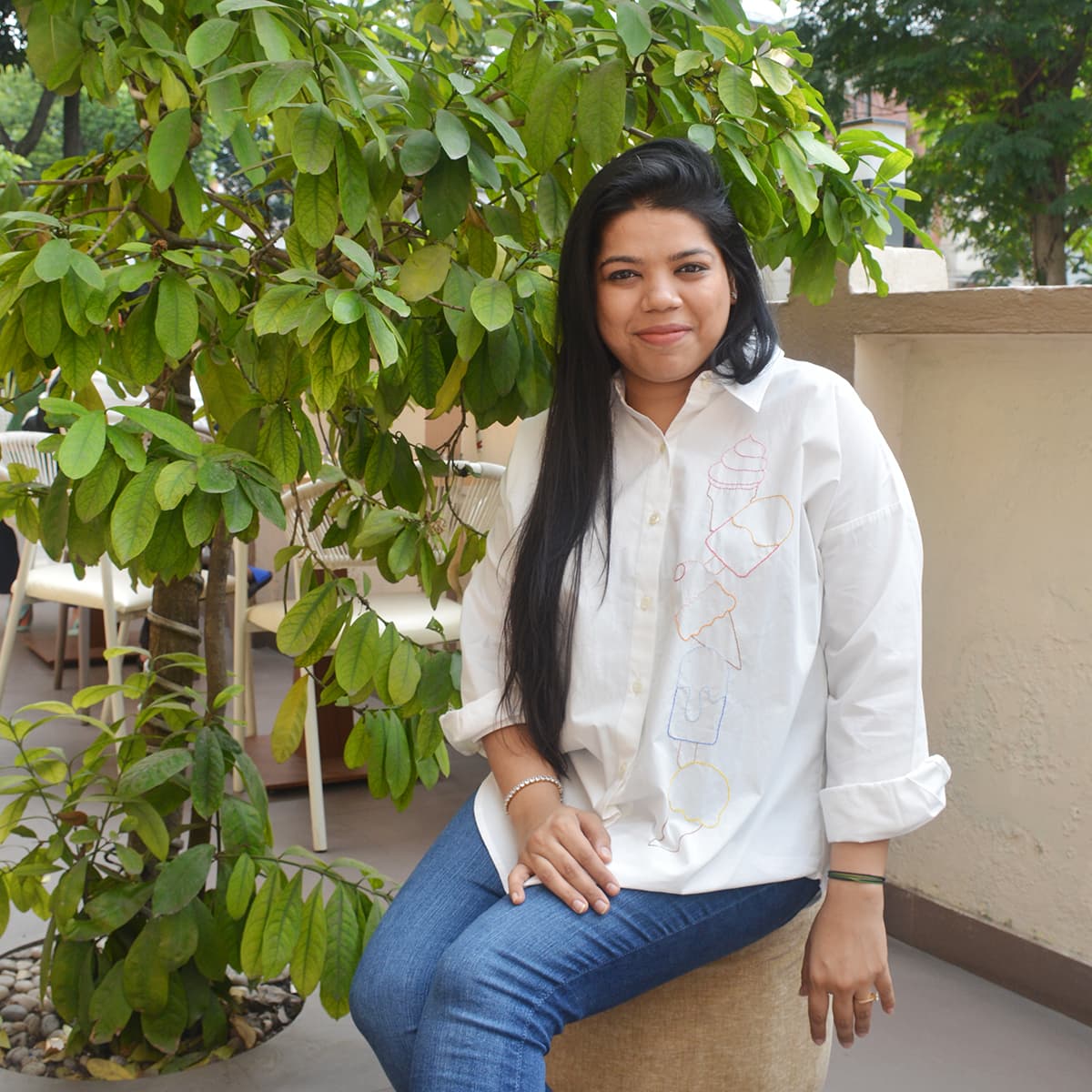 Ice Cream Embroidered Women's White Cotton Shirt | Casual & Summer Wear