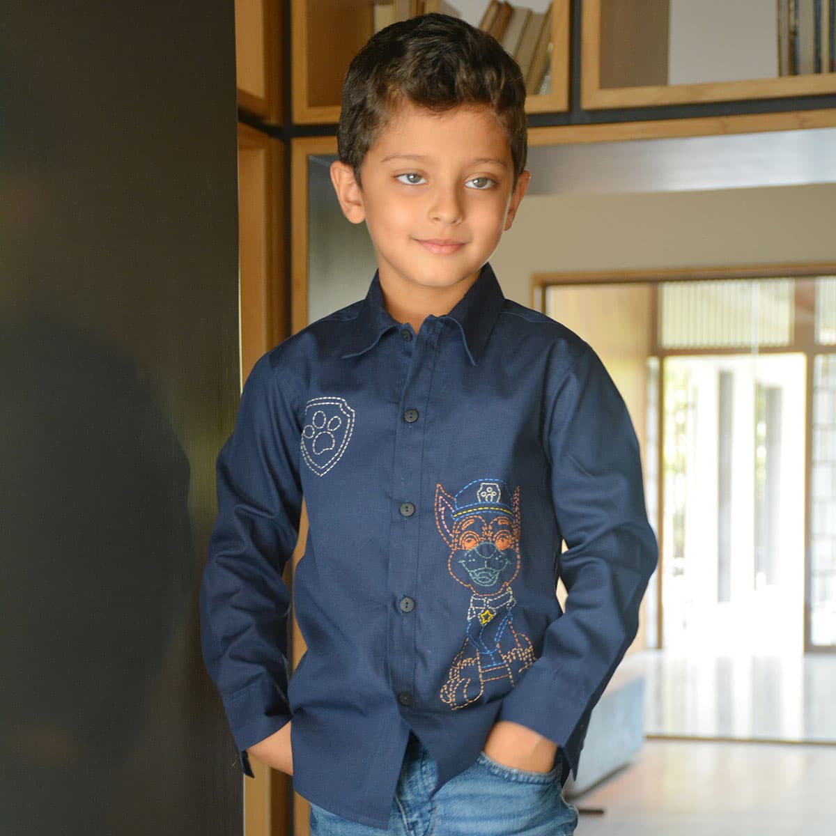 Pup Police Embroidered Cotton Shirt – Navy Casual Wear
