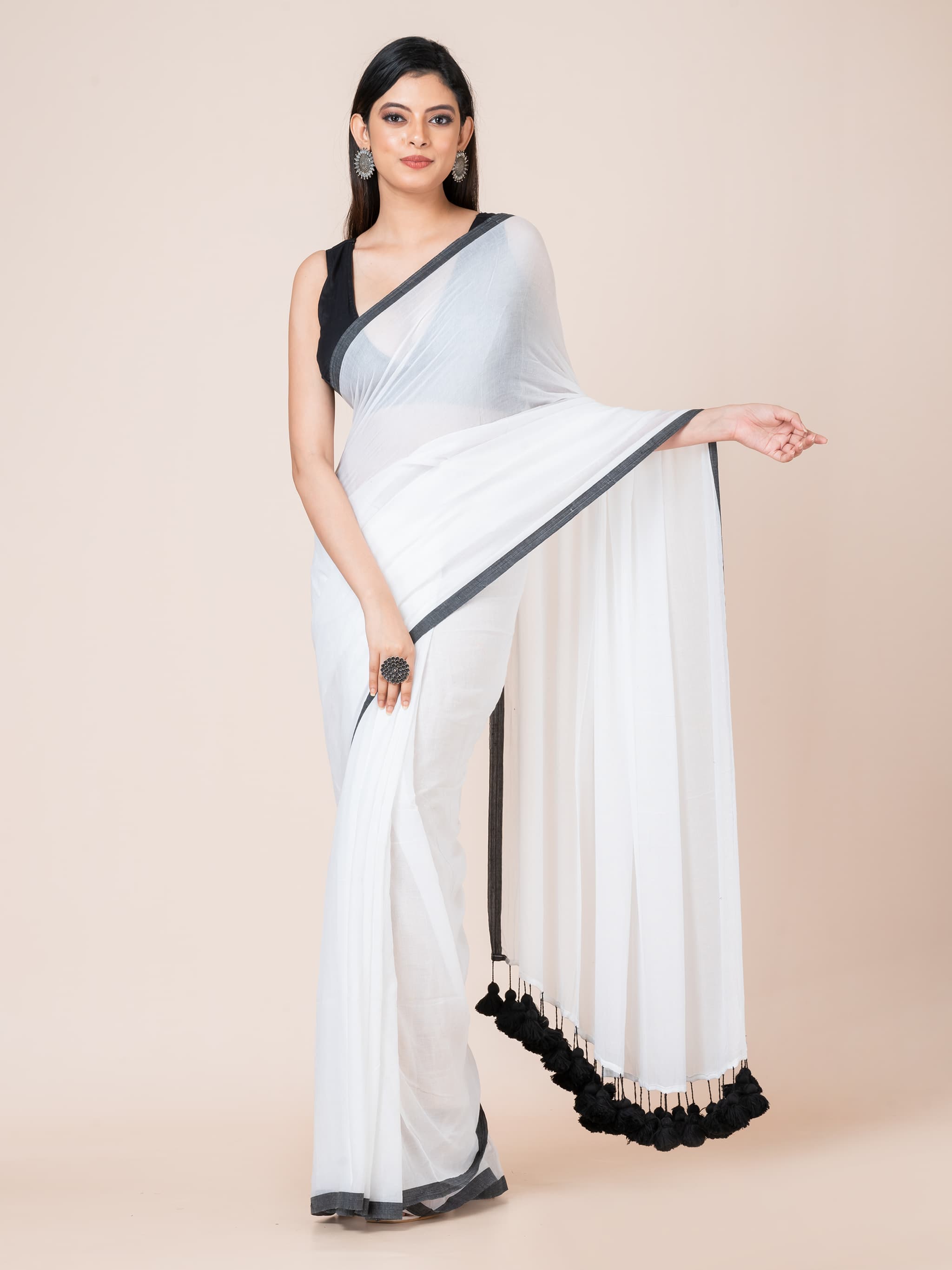 Peony - Pure cotton solid saree with contrast border Without Blouse Piece l White