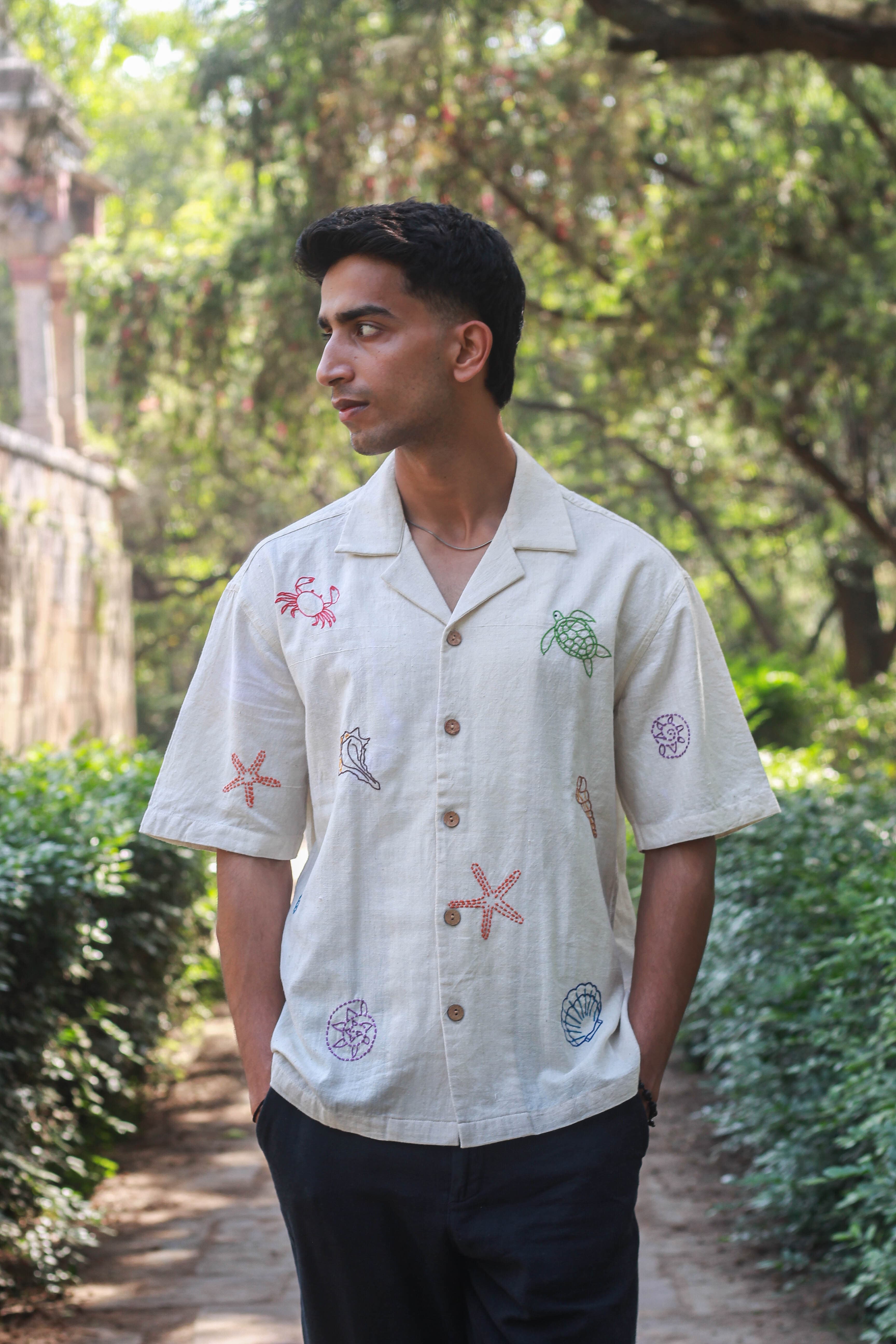 Goa Embroidered Handloom Cotton Shirt with Coastal Embroidery