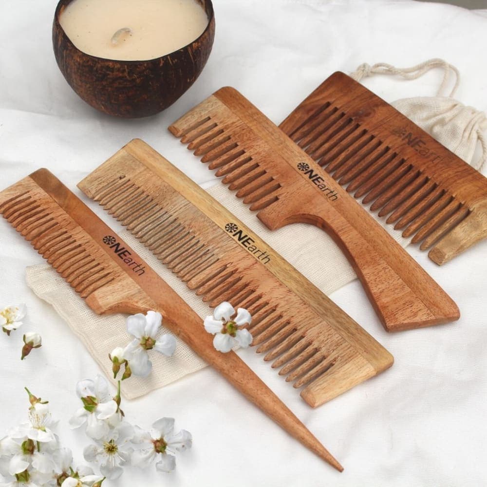 Organic Neem Wood Comb Set – Pack of 4 Natural Reclaimed Wooden Hair Combs