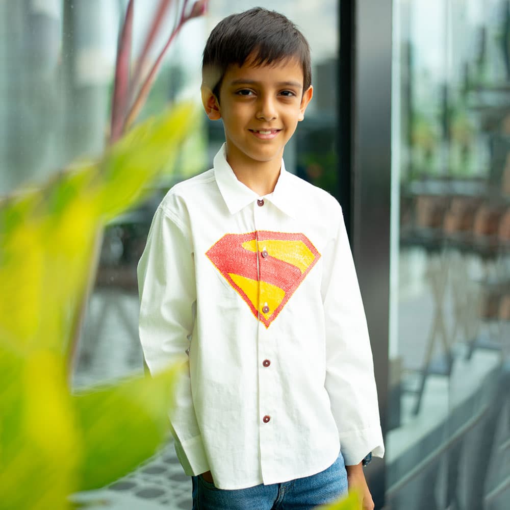 Superhero Icons Embroidered Cotton Shirt – White Casual Wear