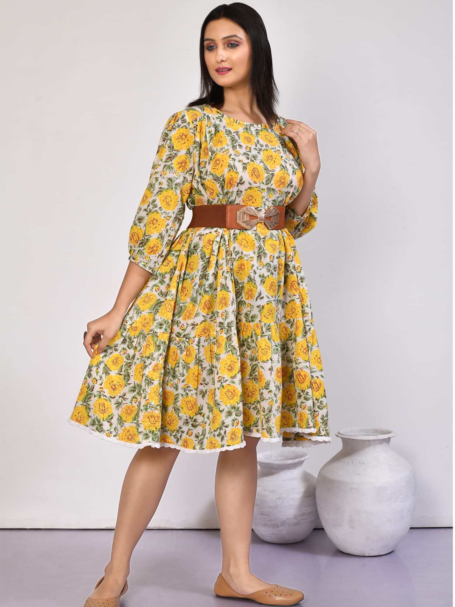 ISHYA Floral Tiered Cotton Midi Dress
