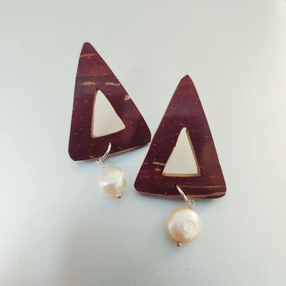 Pearl & Triangle Coconut Shell Earrings - Silver Hook