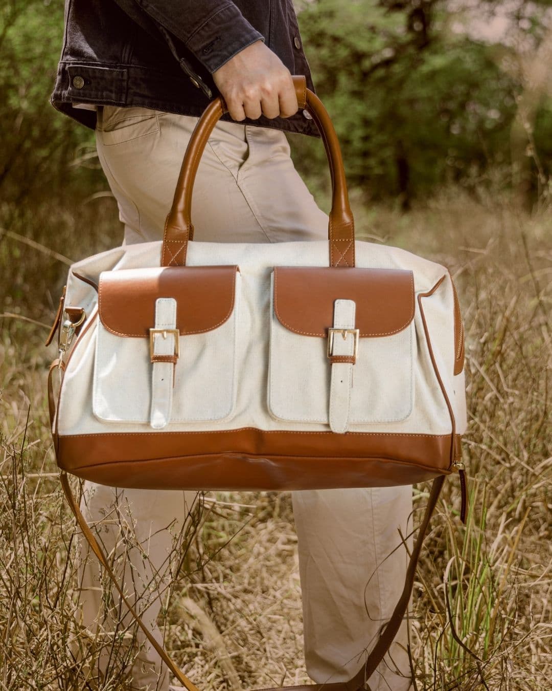 Ajax Vegan Leather Duffle Bag  - Beige & Gingerbread