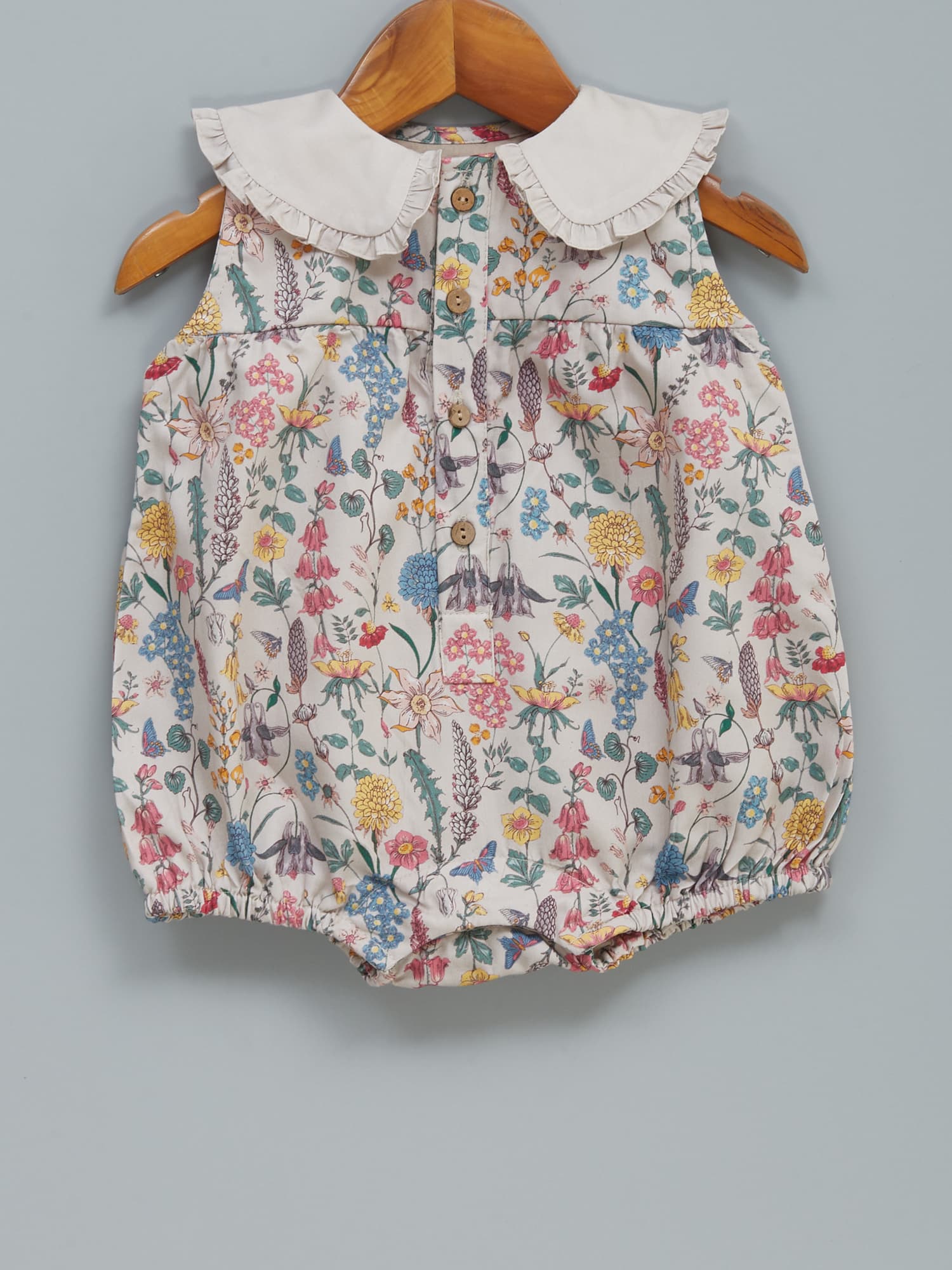 Baby Romper | Beige Wild Florals with Frilled Collar