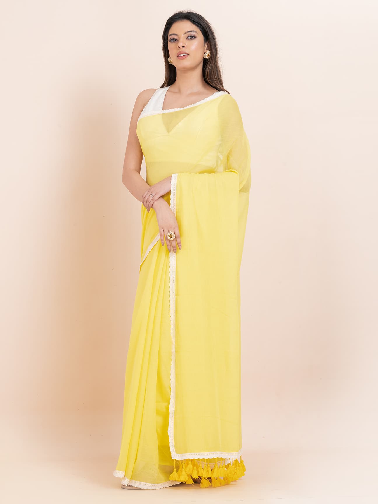 Amber Dew - Pure cotton solid saree with lace border Without Blouse Piece l Lemon Yellow