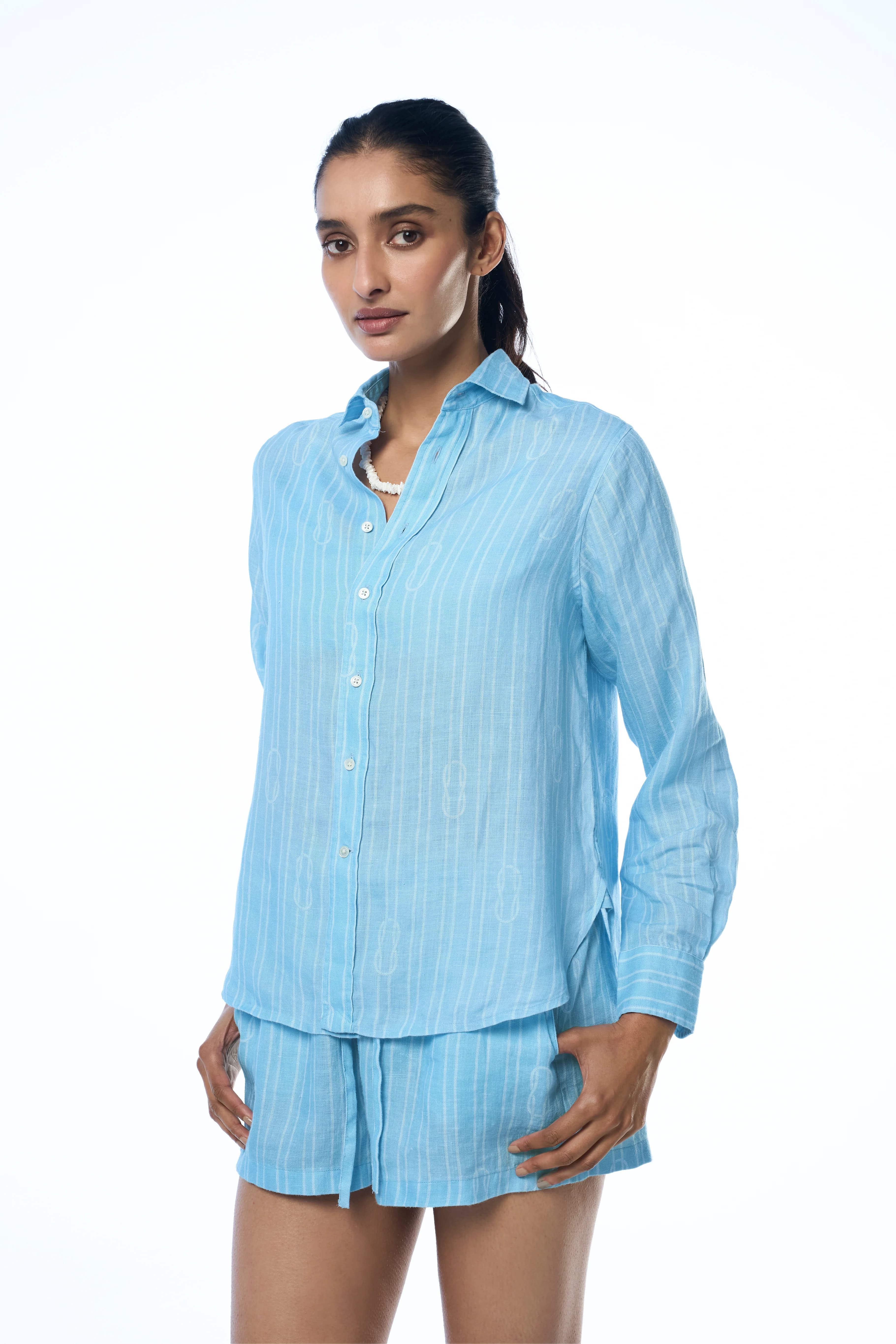 Women's 100% Linen Tani Linen Shirt – Smart Fit | Knot Stripes Lagoon