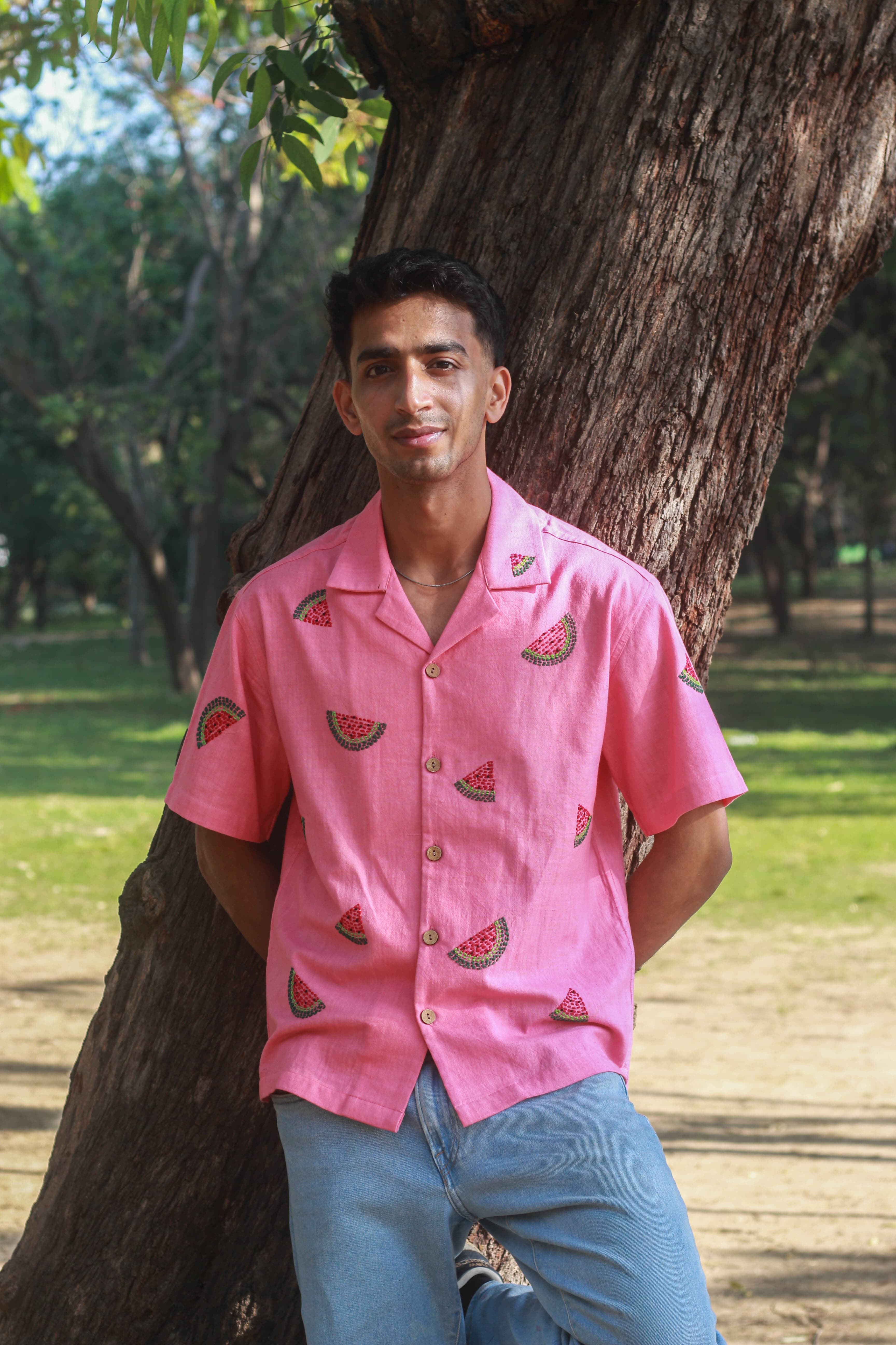 Andaman Embroidered Handloom Cotton Shirt with Watermelon Kantha Embroidery