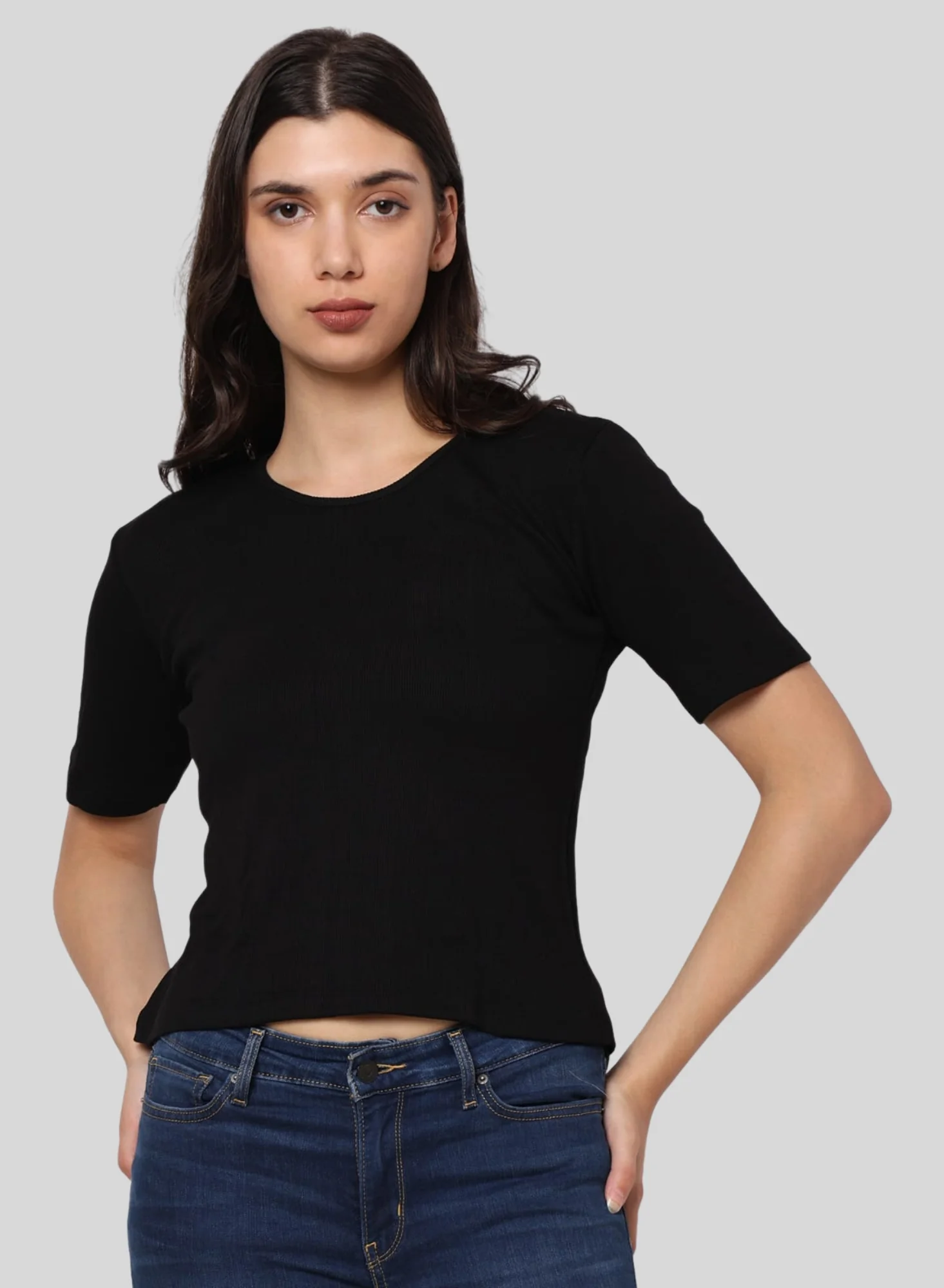 Bamboo Rib fabric Half Sleeves Top - Black