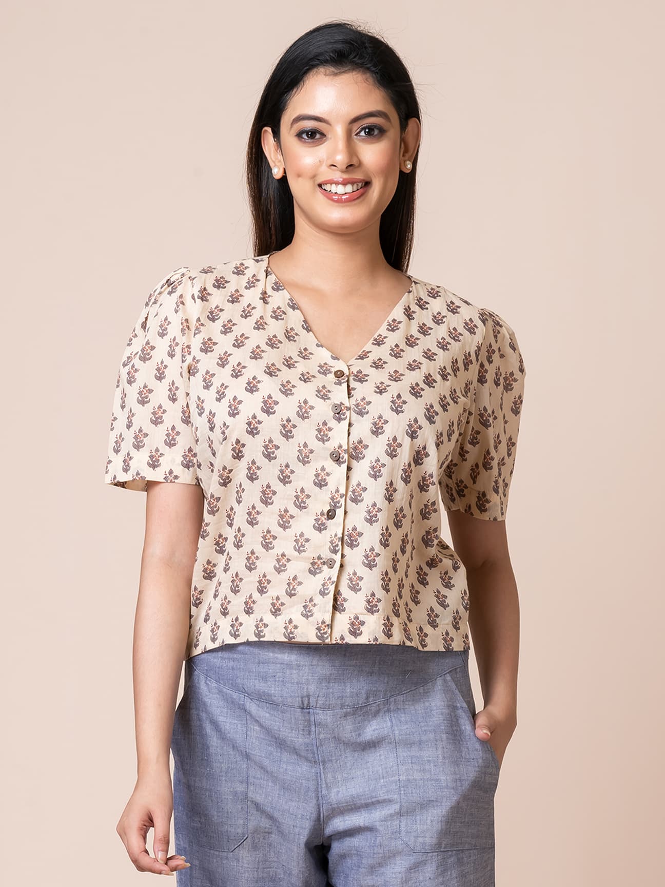 Block Printed Cotton Button-Down Top for Women