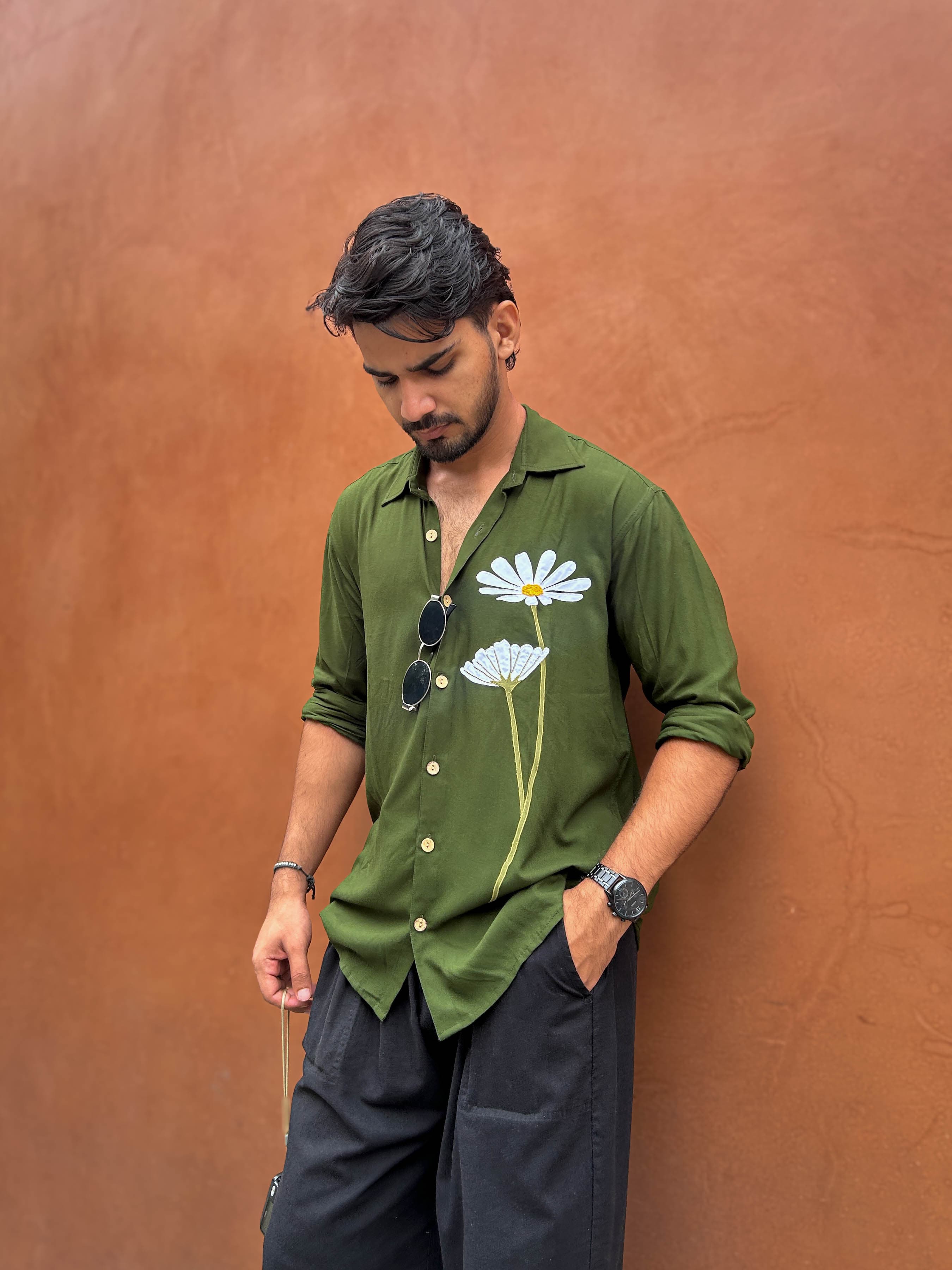 Srinagar Appliqué Modal Viscose Shirt with Handcrafted Daisy Appliqué & French Knot Detail 