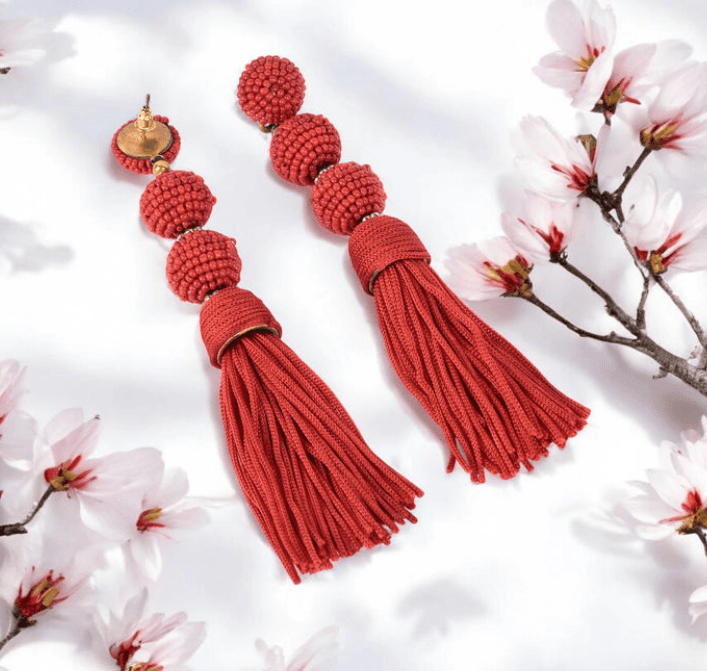 Women's Red Beaded Tassel Earrings | Elegant Statement Jewelry