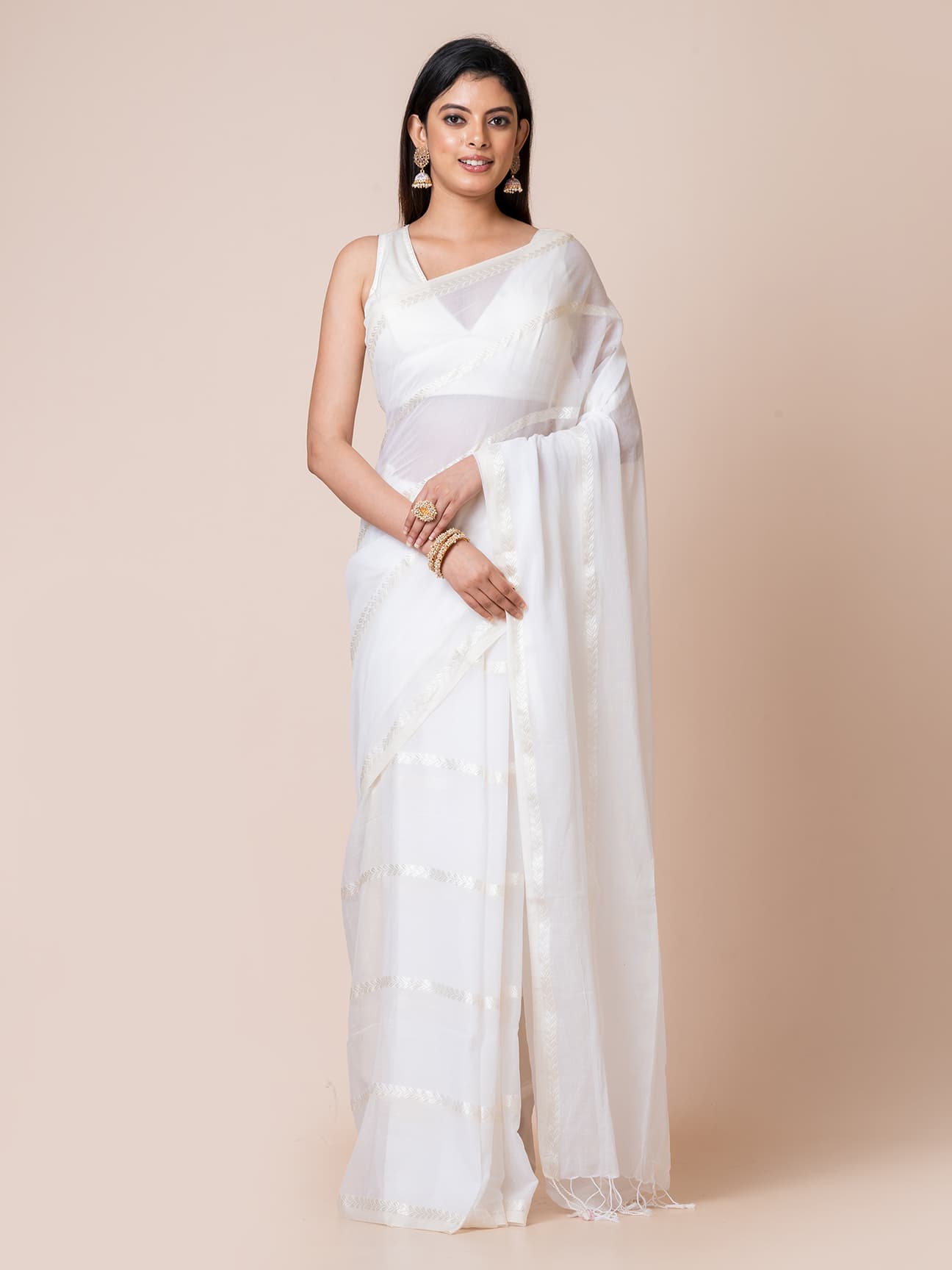 Snowdrop - Pure Cotton Saree With Zari Stripes Without Blouse Piece ll White
