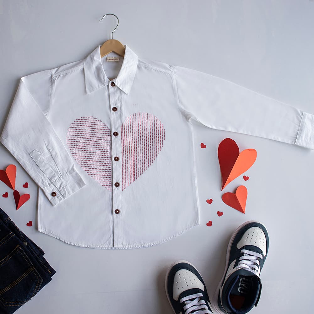 Heart Embroidered Cotton Shirt – White Casual Wear