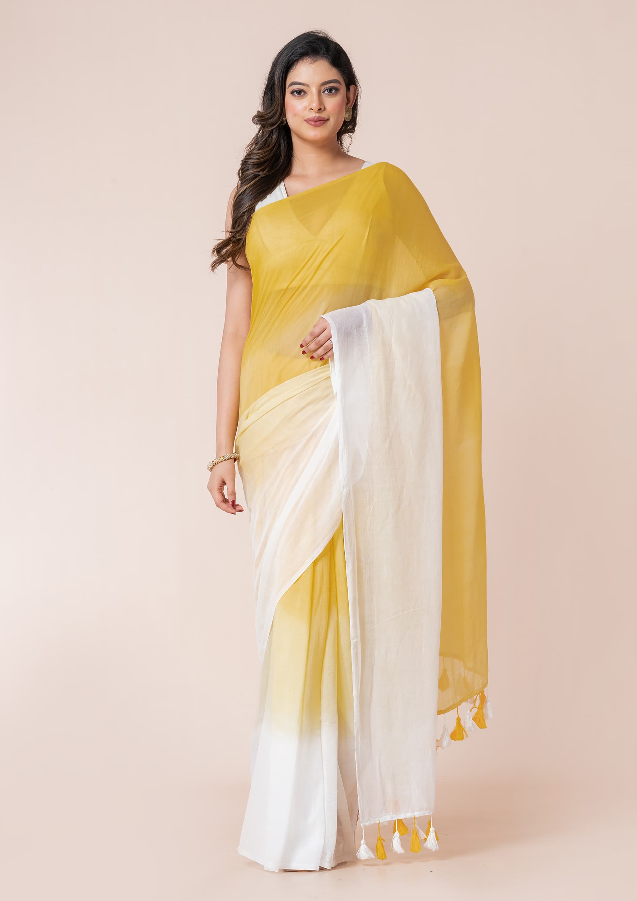 Women’s Saree – Pure Cotton Shaded with Tassels | Pastel Yellow