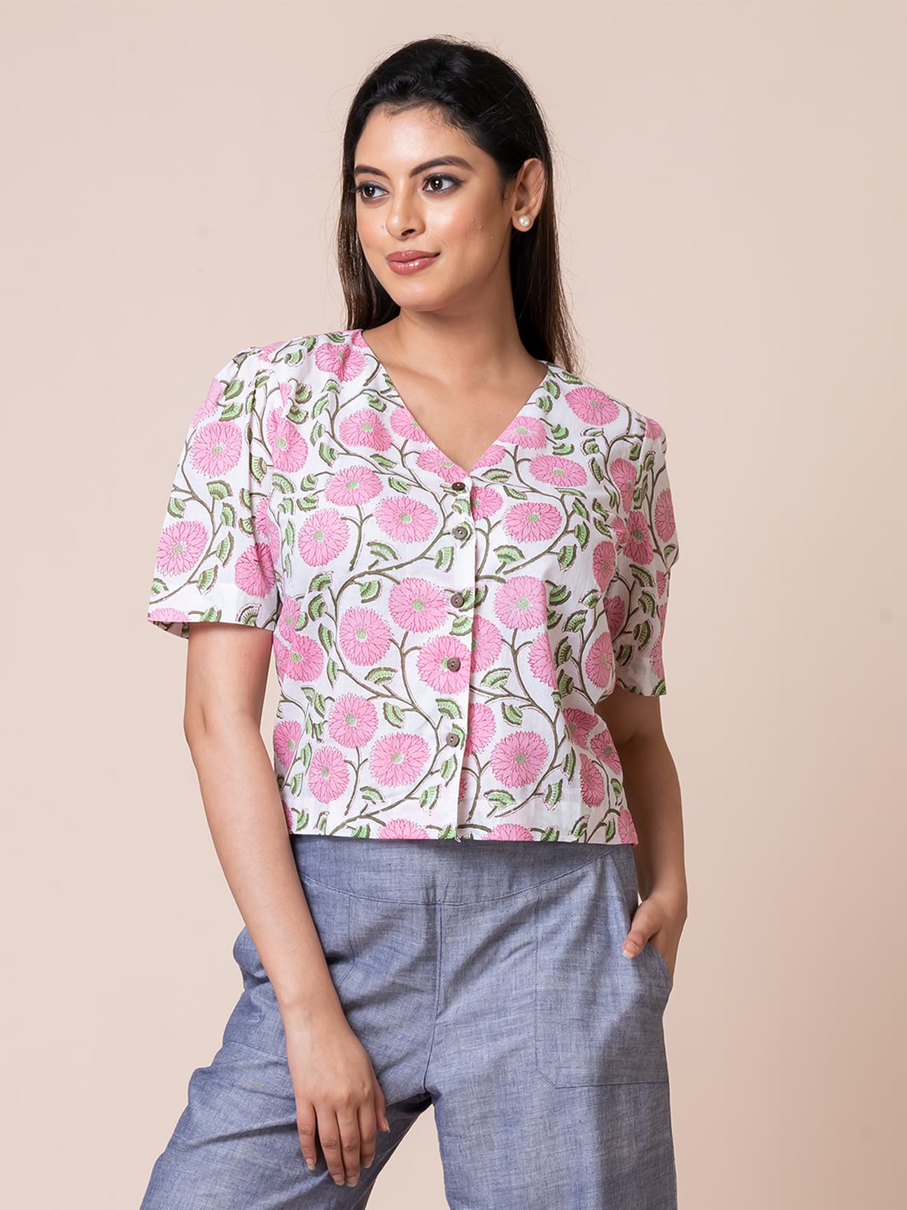 Women’s Self-Designed Block Printed Cotton Button-Down Top
