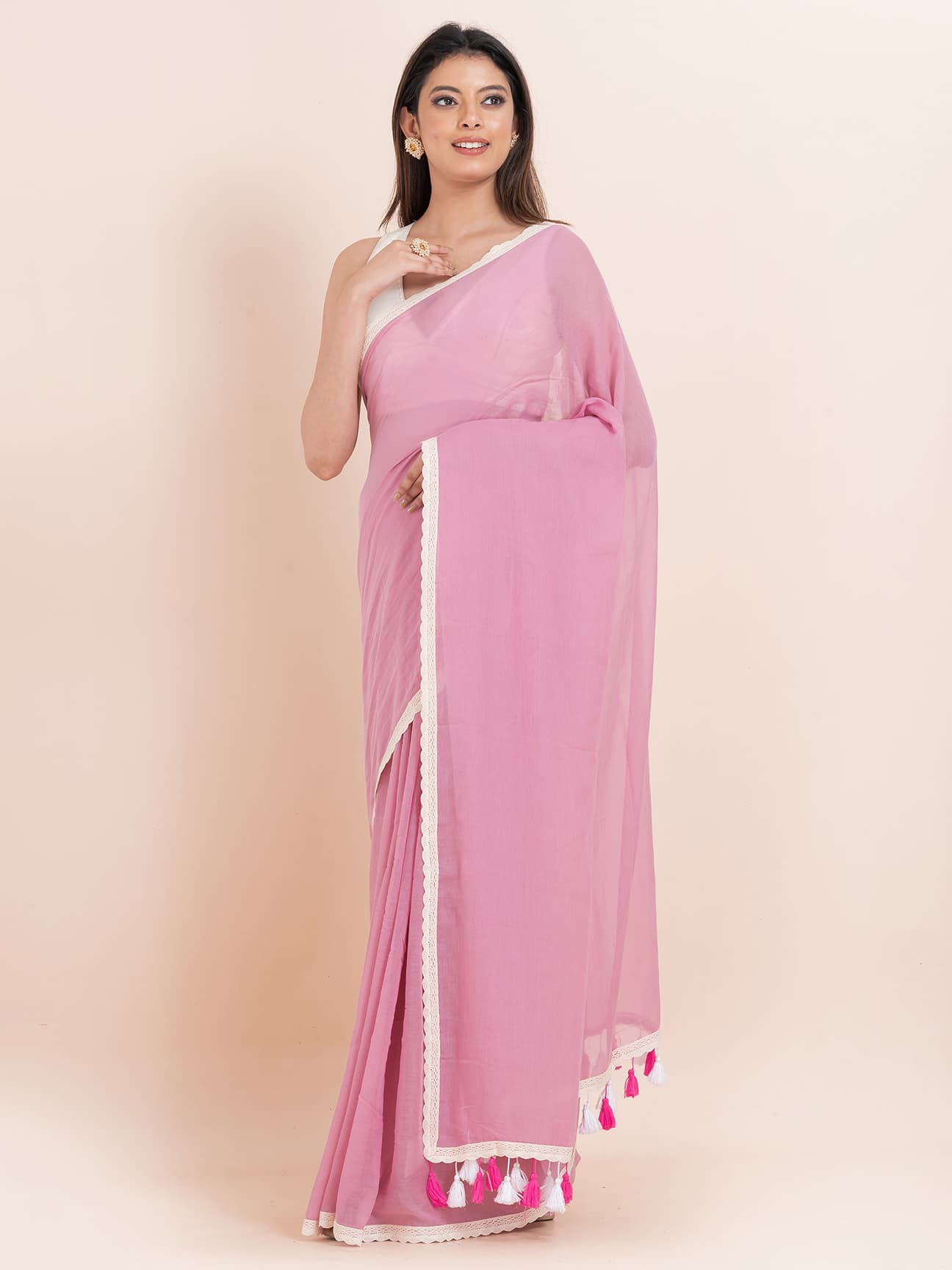 Blush Bloom - Pure cotton solid saree with lace border Without Blouse Piece l Blush