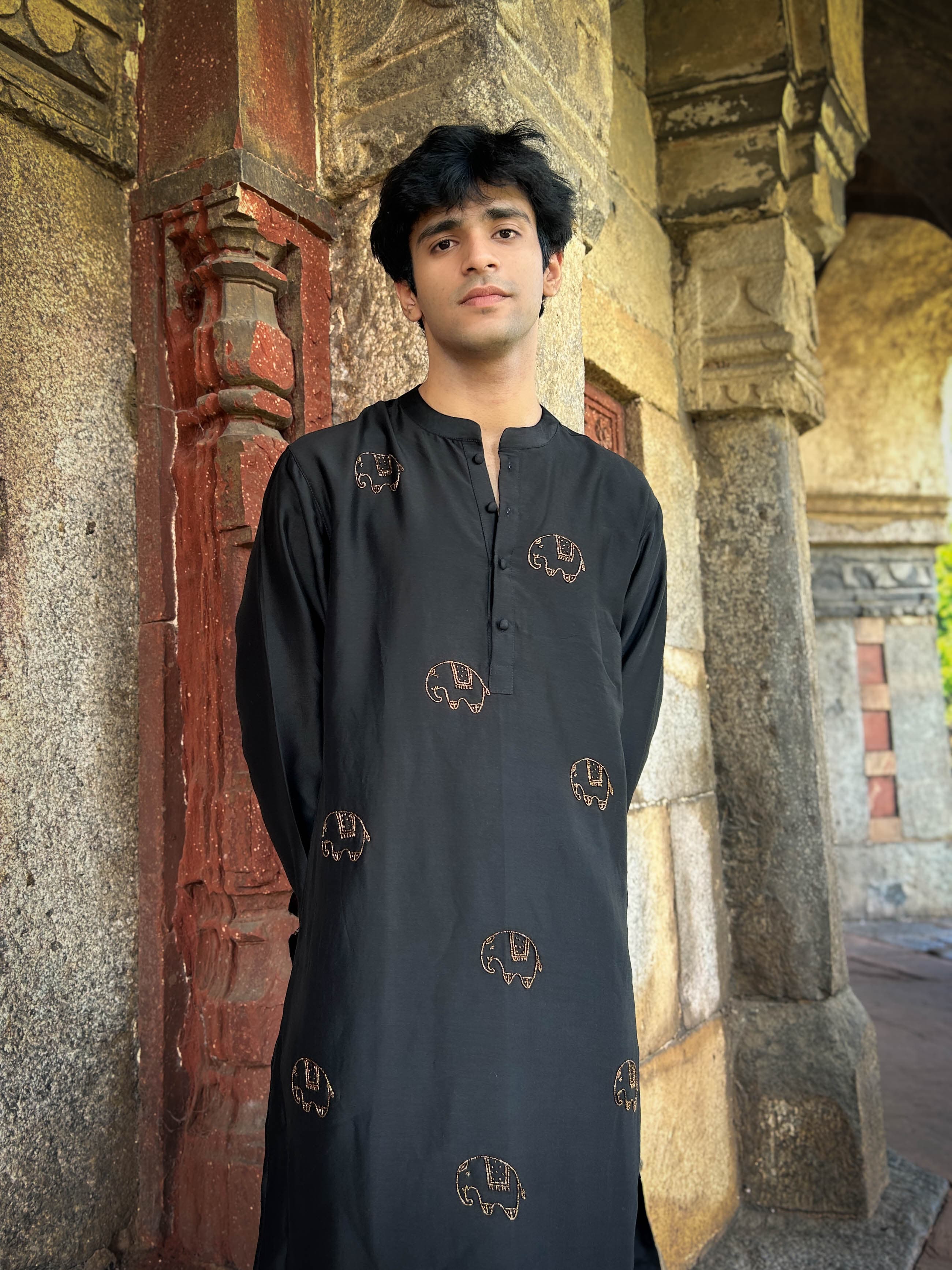 Madurai Embroidered Chanderi Silk Kurta  with Handcrafted Elephant Motifs
