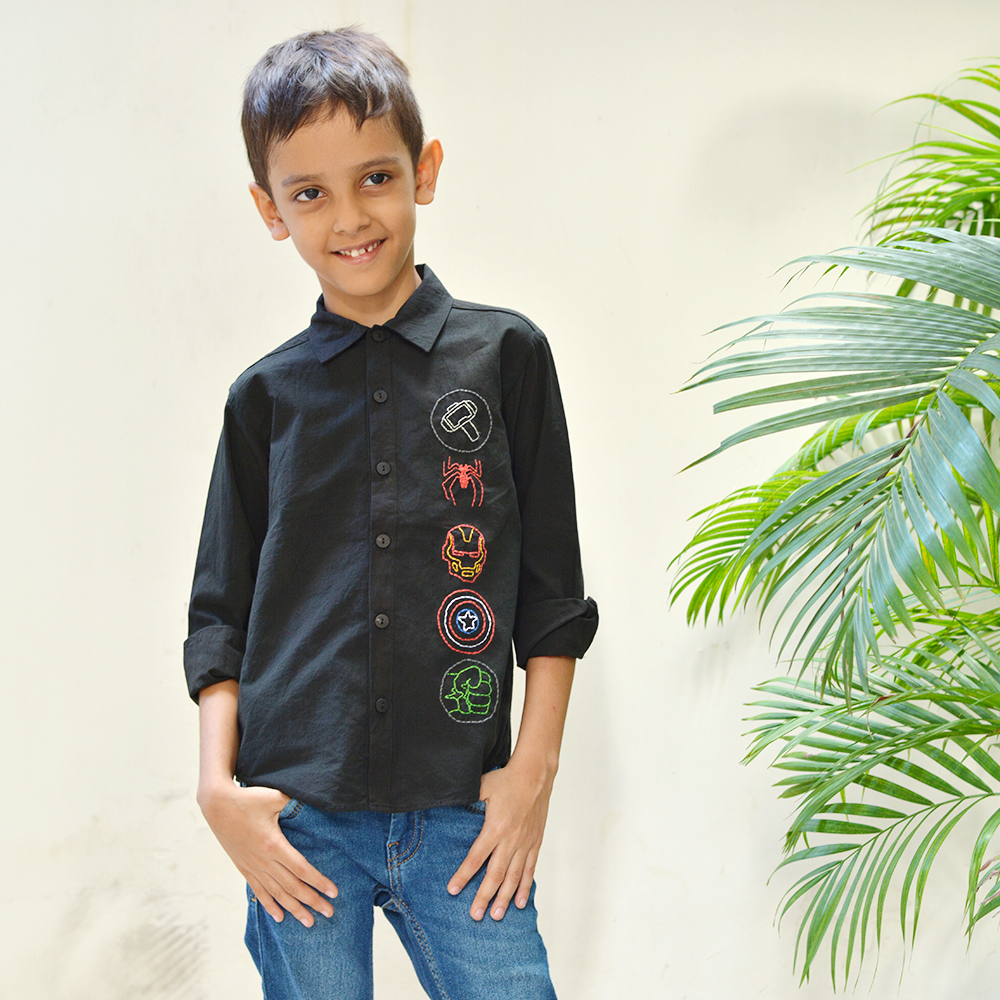 Superheroes Embroidered Shirt - Black