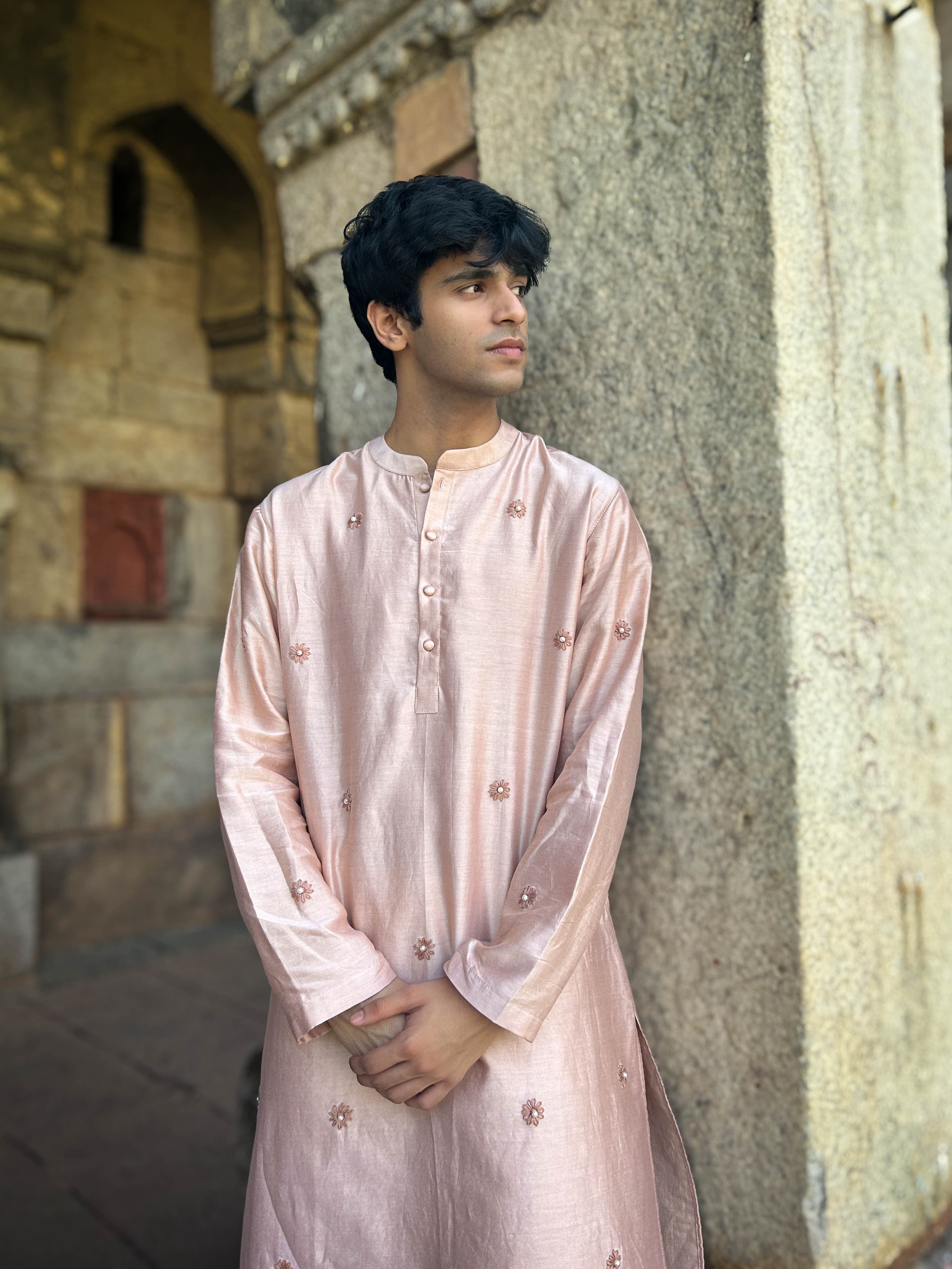 Manipur Embroidered Chanderi Silk Kurta with Hand-Embroidered Daisy & Pearl Detailing 
