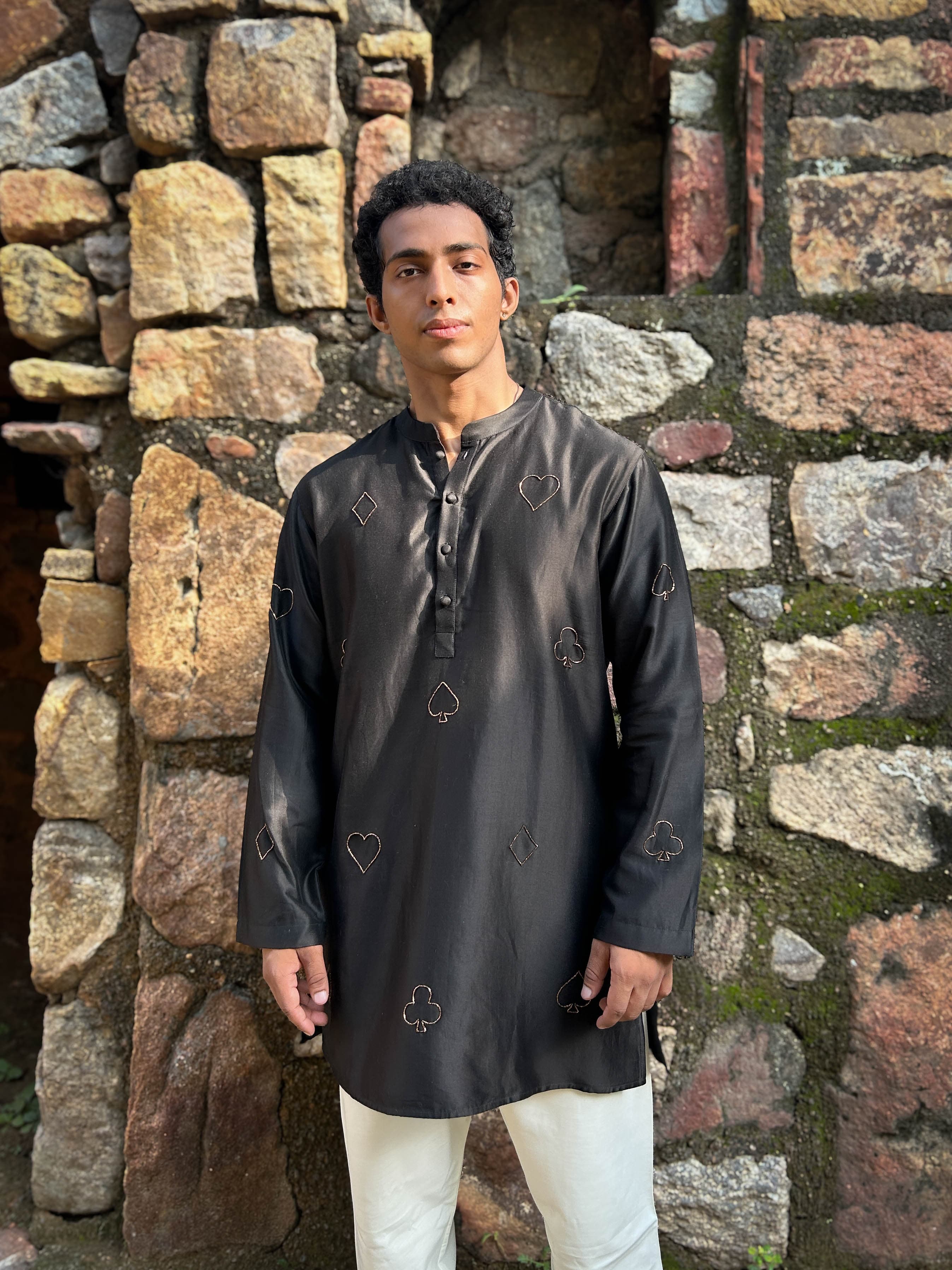 Delhi Embroidered Chanderi Silk Kurta with Kadh Dhana Playing Card Motifs