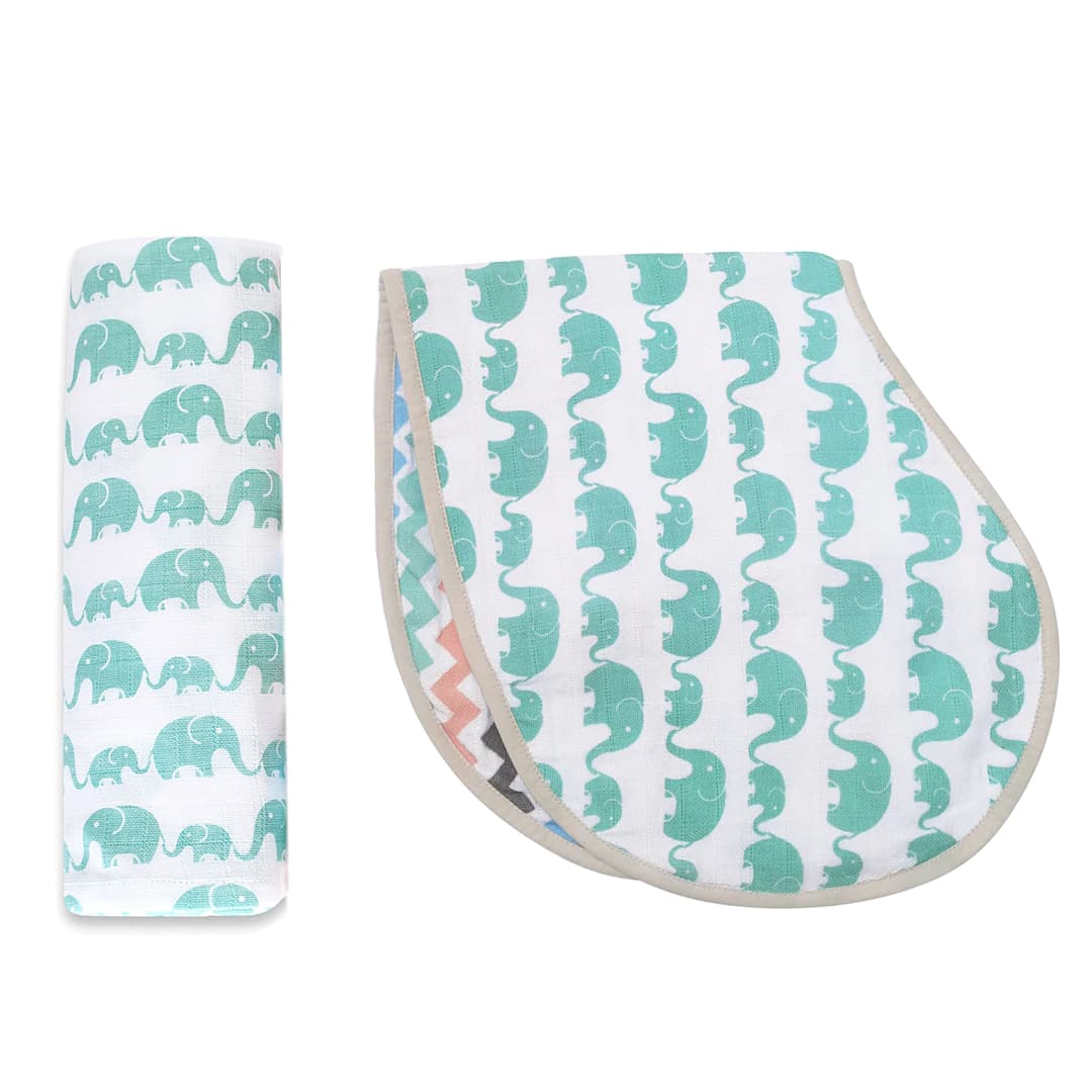 Swaddle & Burp Cloth Bib - Elephant Parade