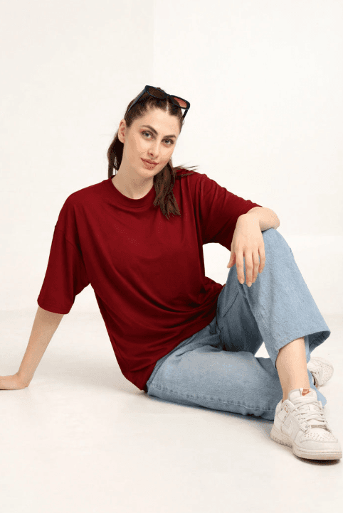 Women's Oversized Bamboo T-Shirt | Gen Z Streetwear | Plain - Maroon