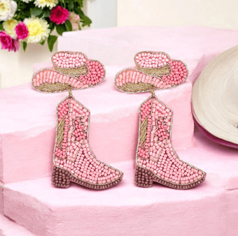 Women's Pink Beaded Cowboy Boot & Hat Earrings | Western Statement Jewelry