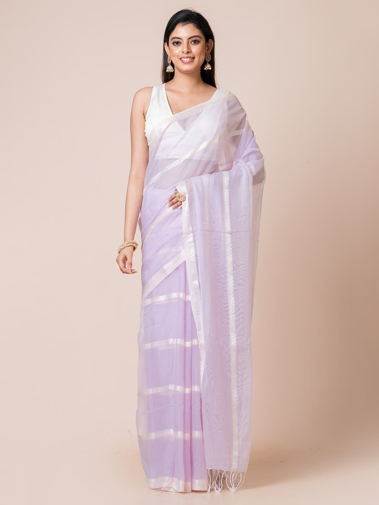 Lavender - Pure Cotton Saree With Zari Stripes Without Blouse Piece ll Lavender