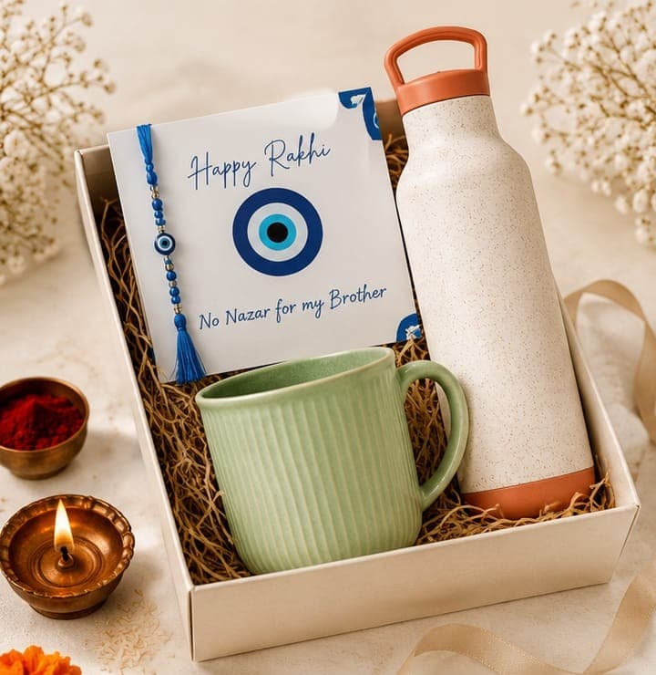 Rakhi Moments Trio | Statement Mug, Eco Bottle & Evil Eye Rakhi