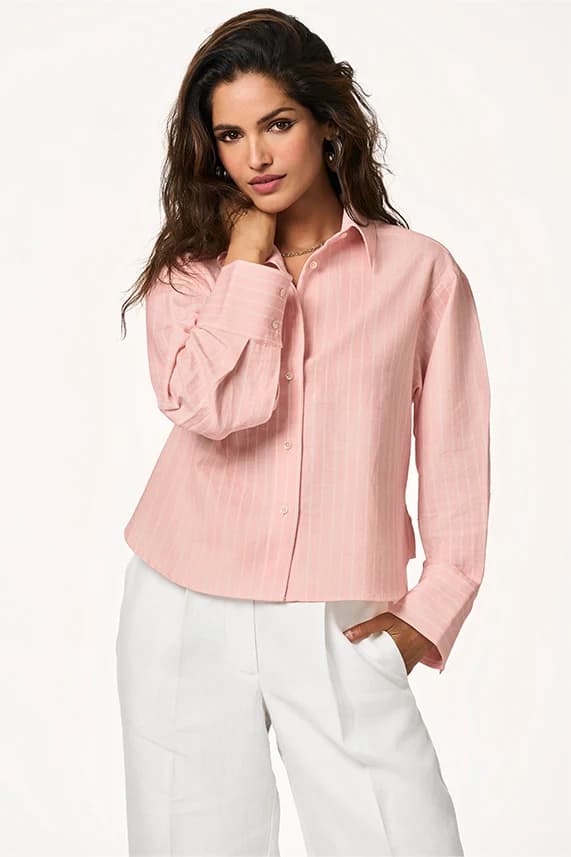 Women's 100% Organic Khadi Cotton Roxy Mario Shirt – Smart Fit | Marine Art Stripe Sunrise Pink
