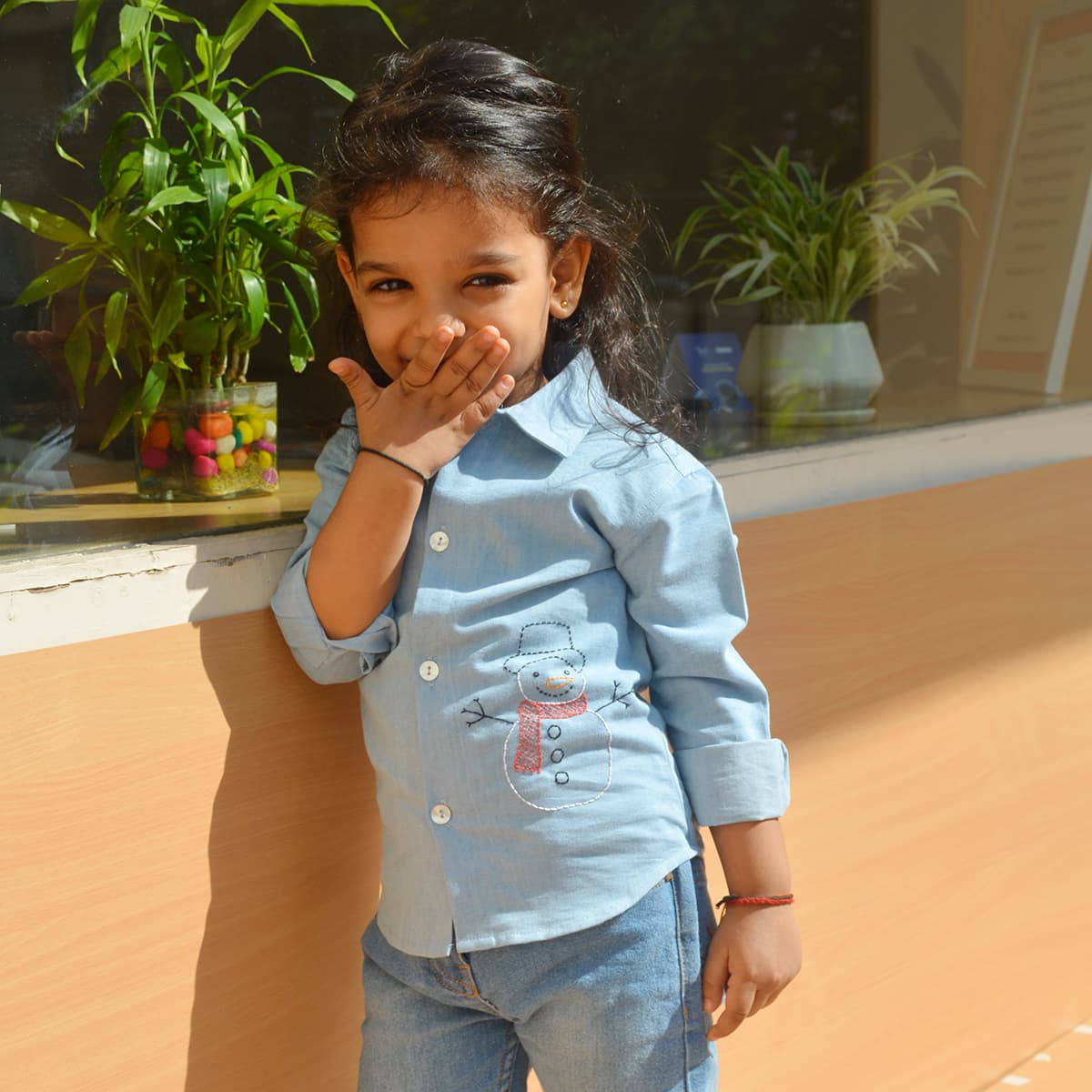  Snowman Embroidered Denim Shirt – Winter Casual Wear