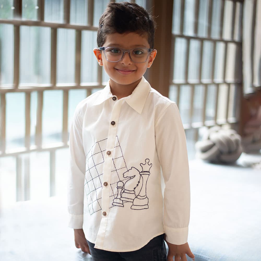 Chess Checkmate Embroidered Organic Cotton Shirt - White