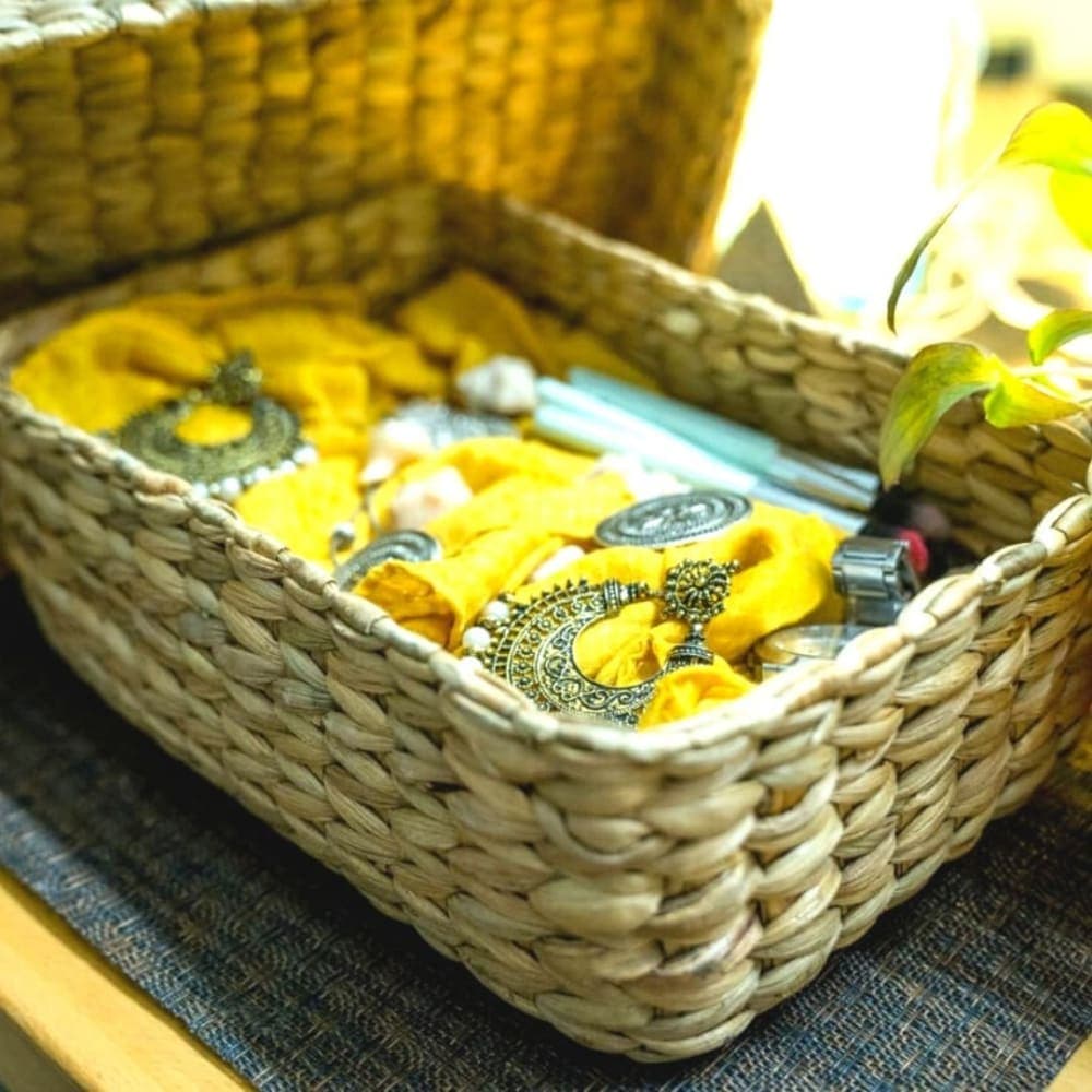 Handwoven Kauna Grass Storage Basket with Lid | Eco-Friendly Water Reed Organizer 