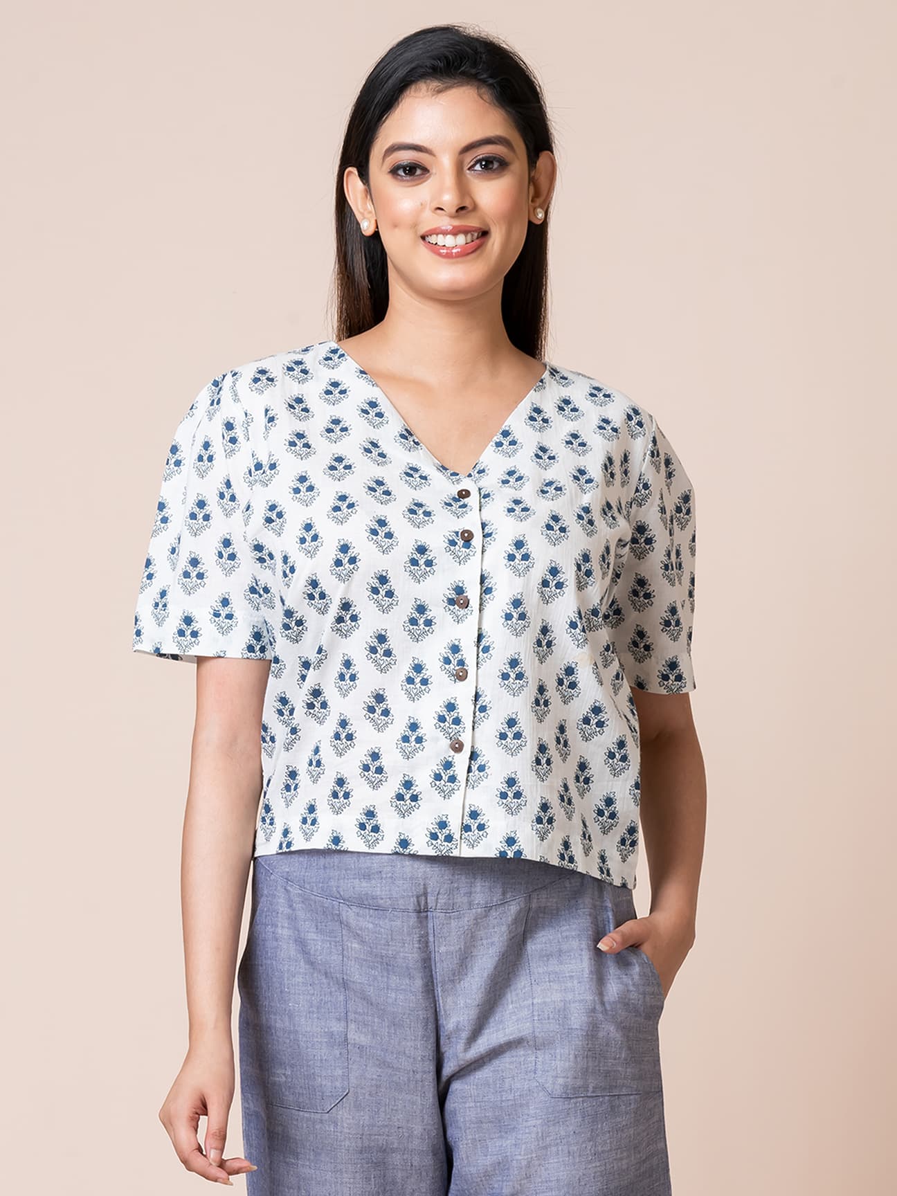 Yarrow - OCAU Basic Self Designed Block Printed Cotton Button Down Top