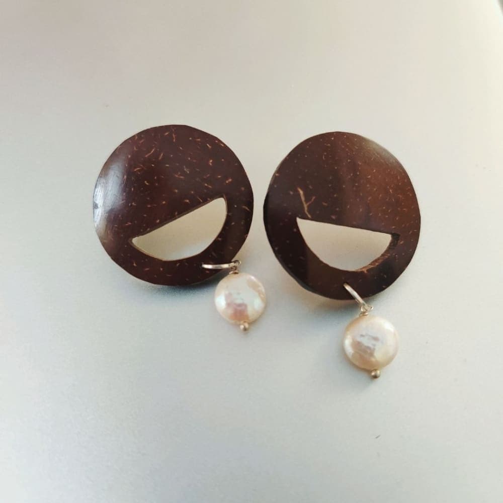Pearl & Round Coconut Shell Earrings - Golden Hook