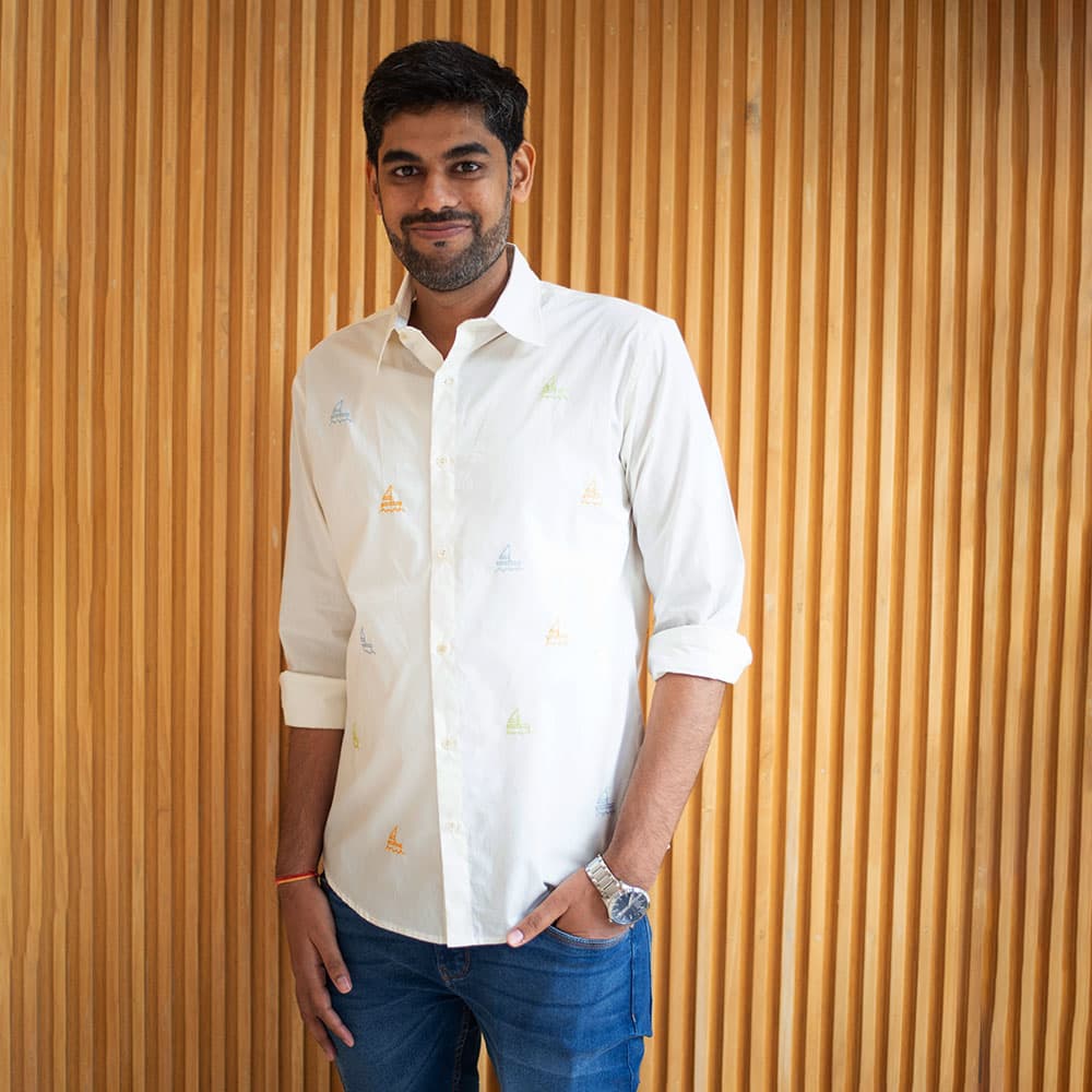 Mini Sail Boats Embroidered Men's White Cotton Shirt | Casual & Smart-Casual Wear