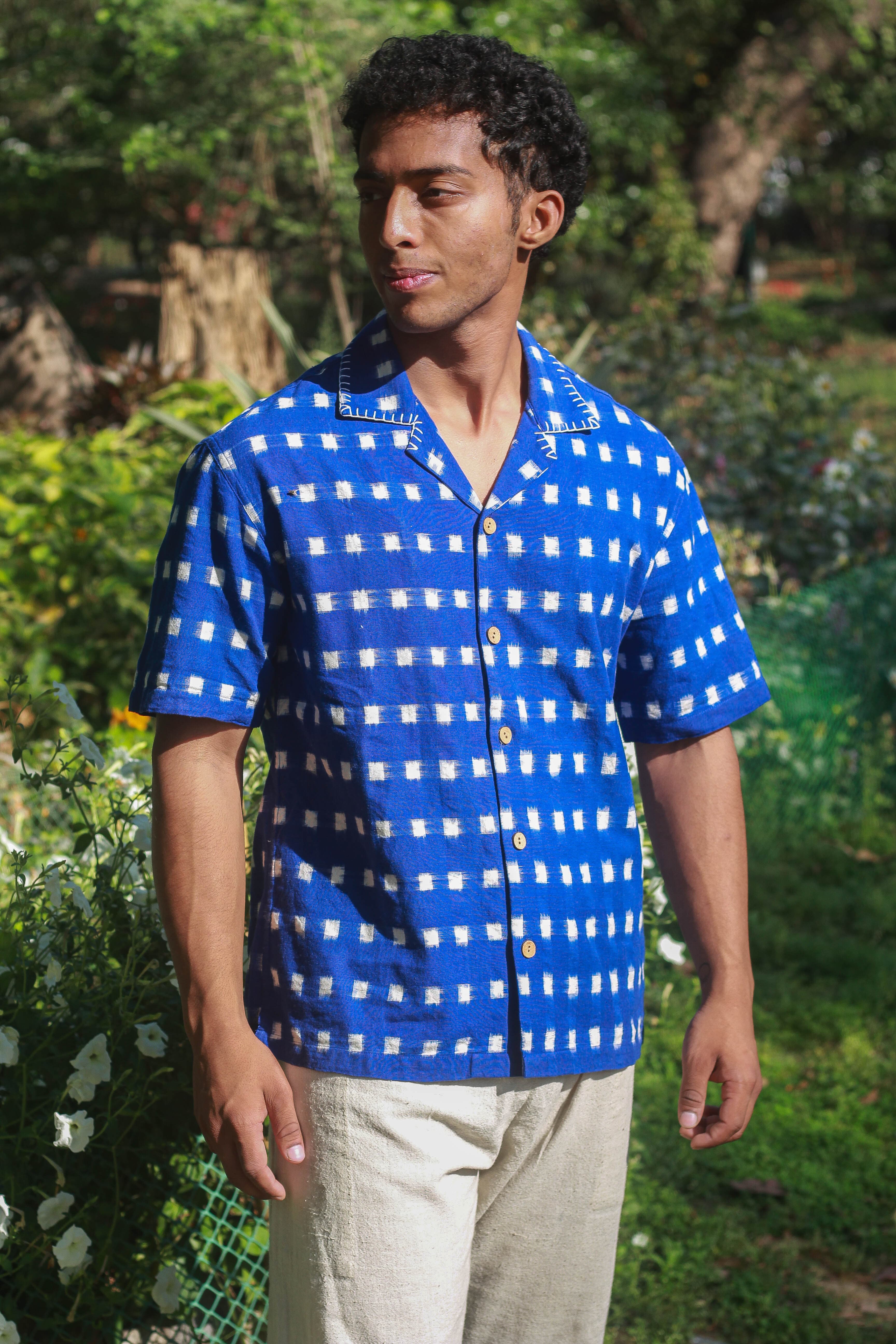 Jodhpur Ikat Handloom Cotton Shirt with Traditional Double-Dyed Ikat Weave 