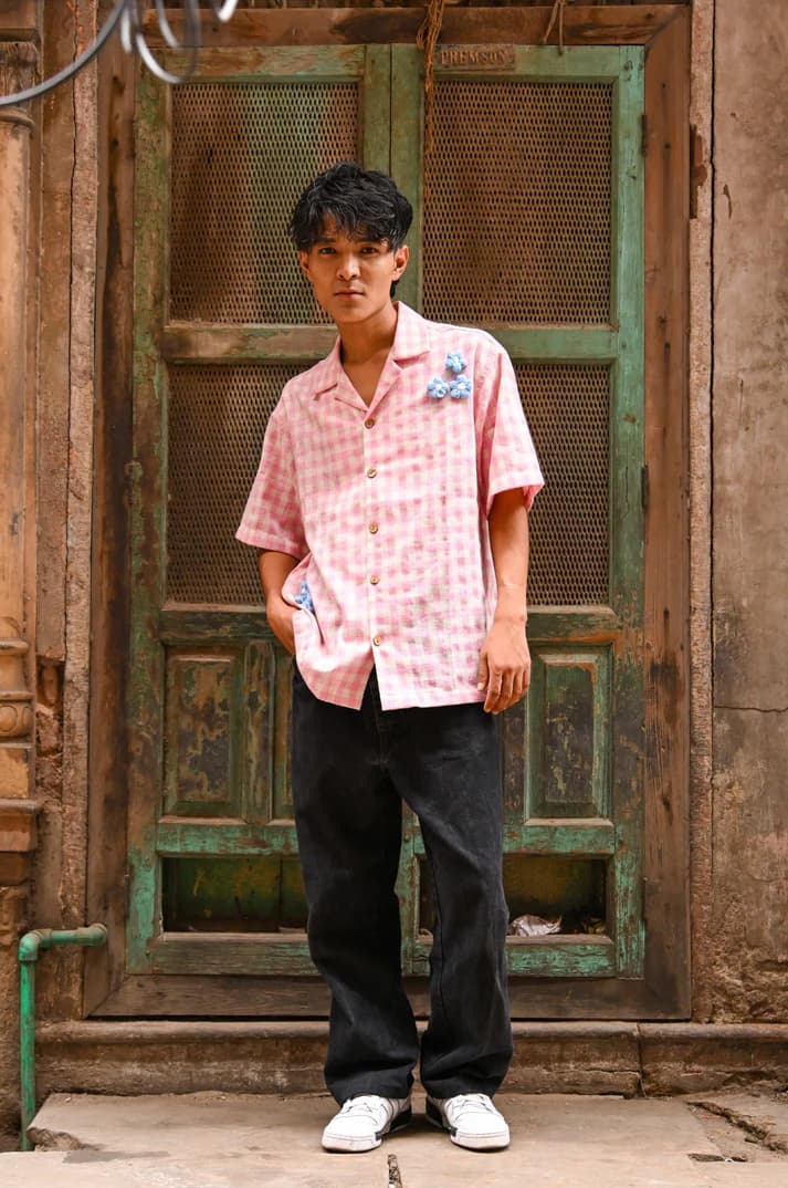 New York Checks Cotton Shirt with Crochet Floral Detailing 