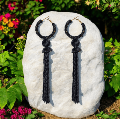 Women's Black Beaded Hoop Earrings | Elegant Tassel Detail | Lightweight Fashion Jewelry
