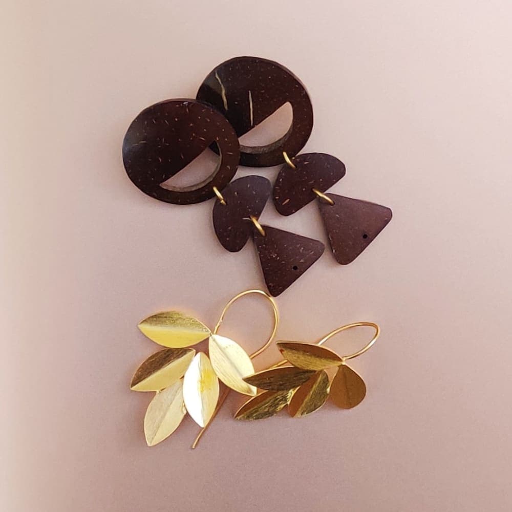 Coconut Shell & Metal Leaf Earrings Set (2 Pairs) – Handmade Boho & Gold Statement Earrings