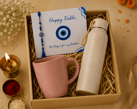 Raksha Bandhan Gift Trio | Mug, Bottle & Evil Eye Rakhi