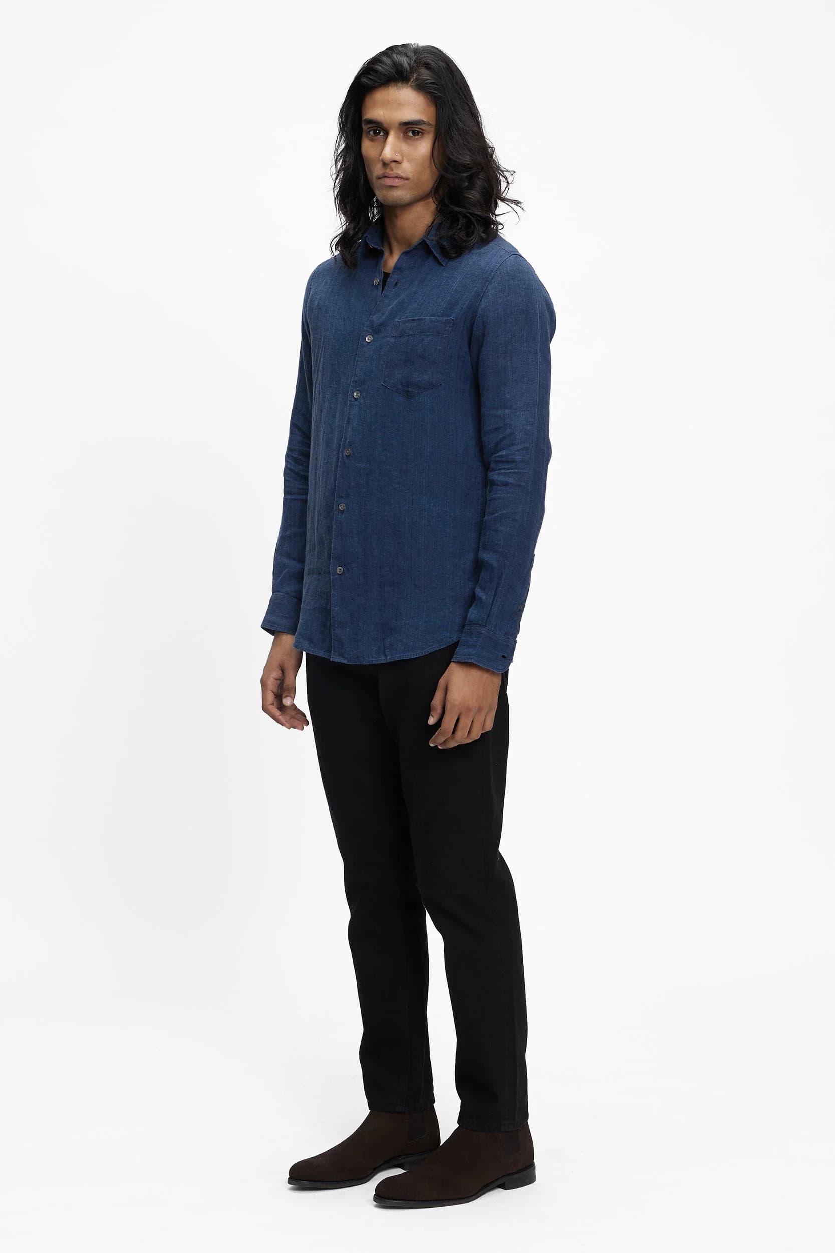 Men's 100% Indigo Linen Titan Casual Soft Collar Shirt – Smart Fit | Eclipse Blue